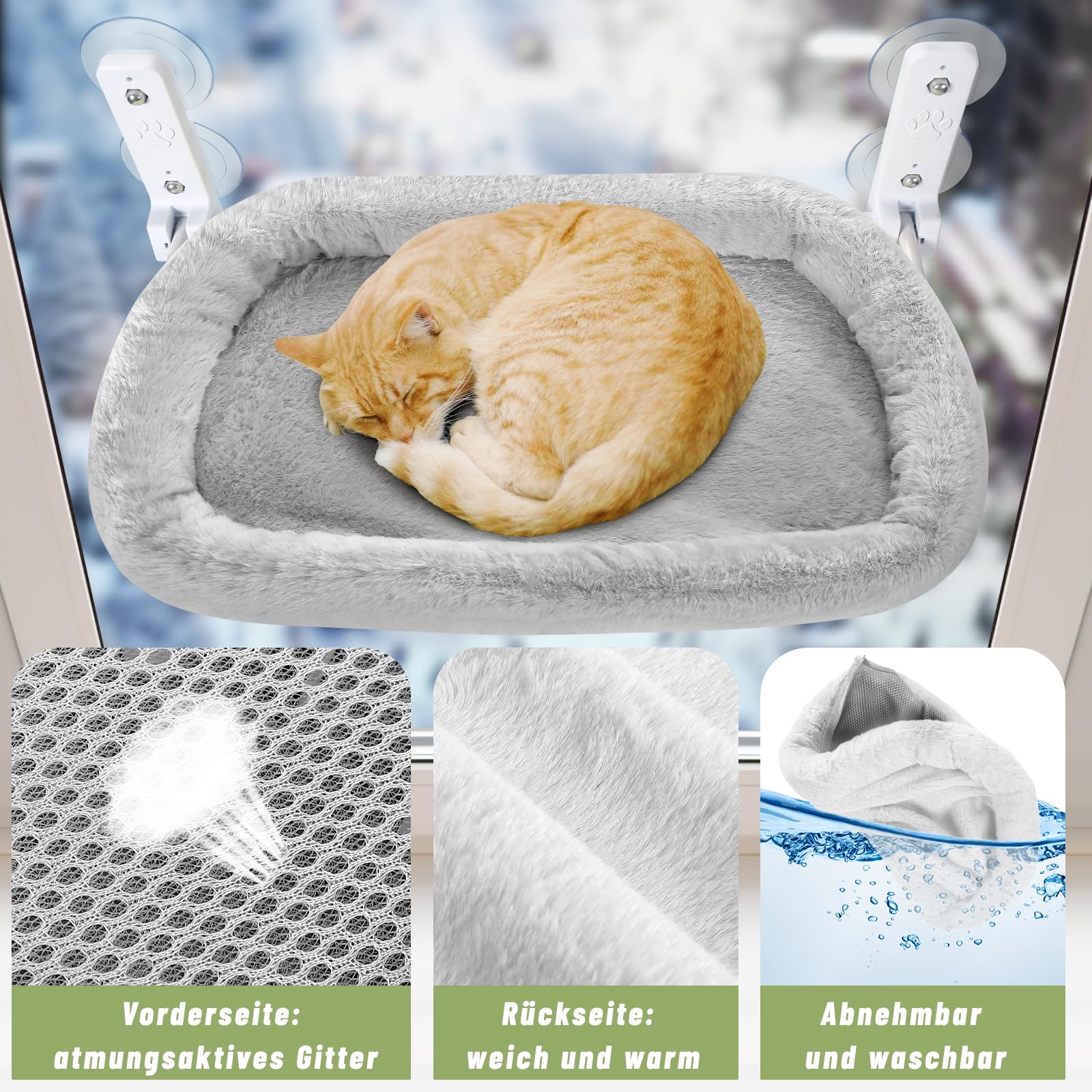 Fensterliege für Katzen 60×30cm, Katzen Hängematte mit Stabilen Saugnäpfen, Klappbare Katzenbett für Fenster, Fensterbank Katzenliege Bis zu 20kg, Grau