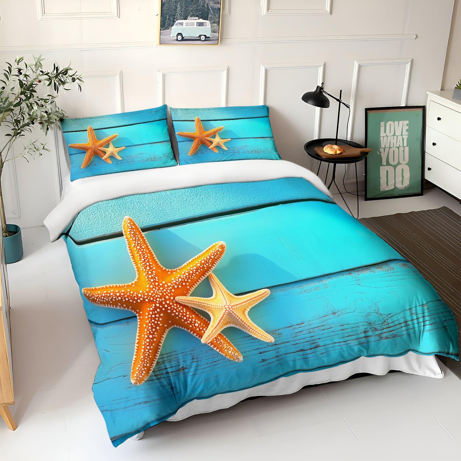 Funda Nordica Cama 90 de 3 Piezas Dos Estrellas de mar en el océano Juego de Funda Nordica 150x200 cm y 2 x Fundas de Almohada de 50x75 para Ropa de Cama Infantil Niño Chico Niña