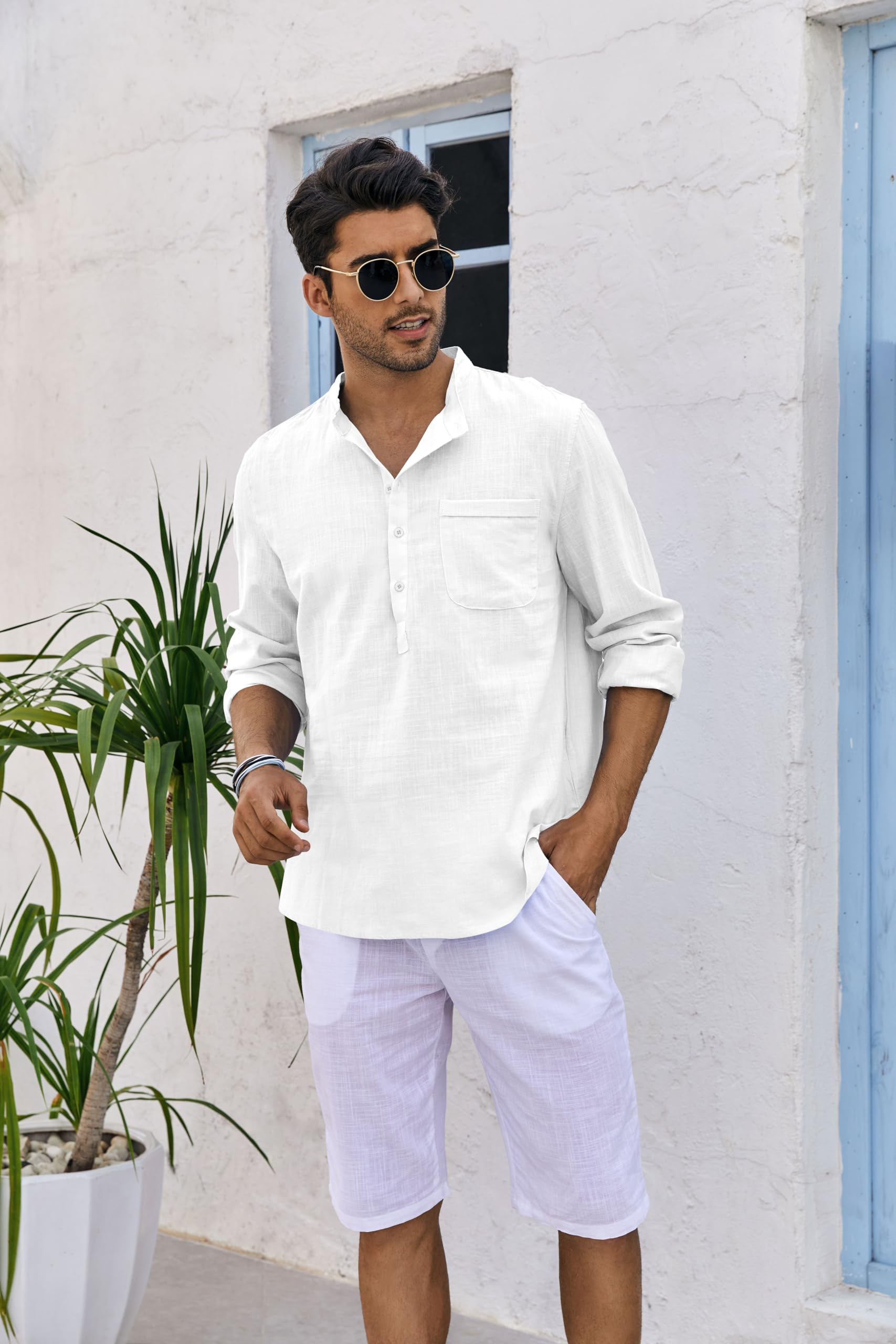 Runcati Camisa de lino para hombre, manga larga, algodón, lino, camisa de ocio, corte regular, para playa, verano