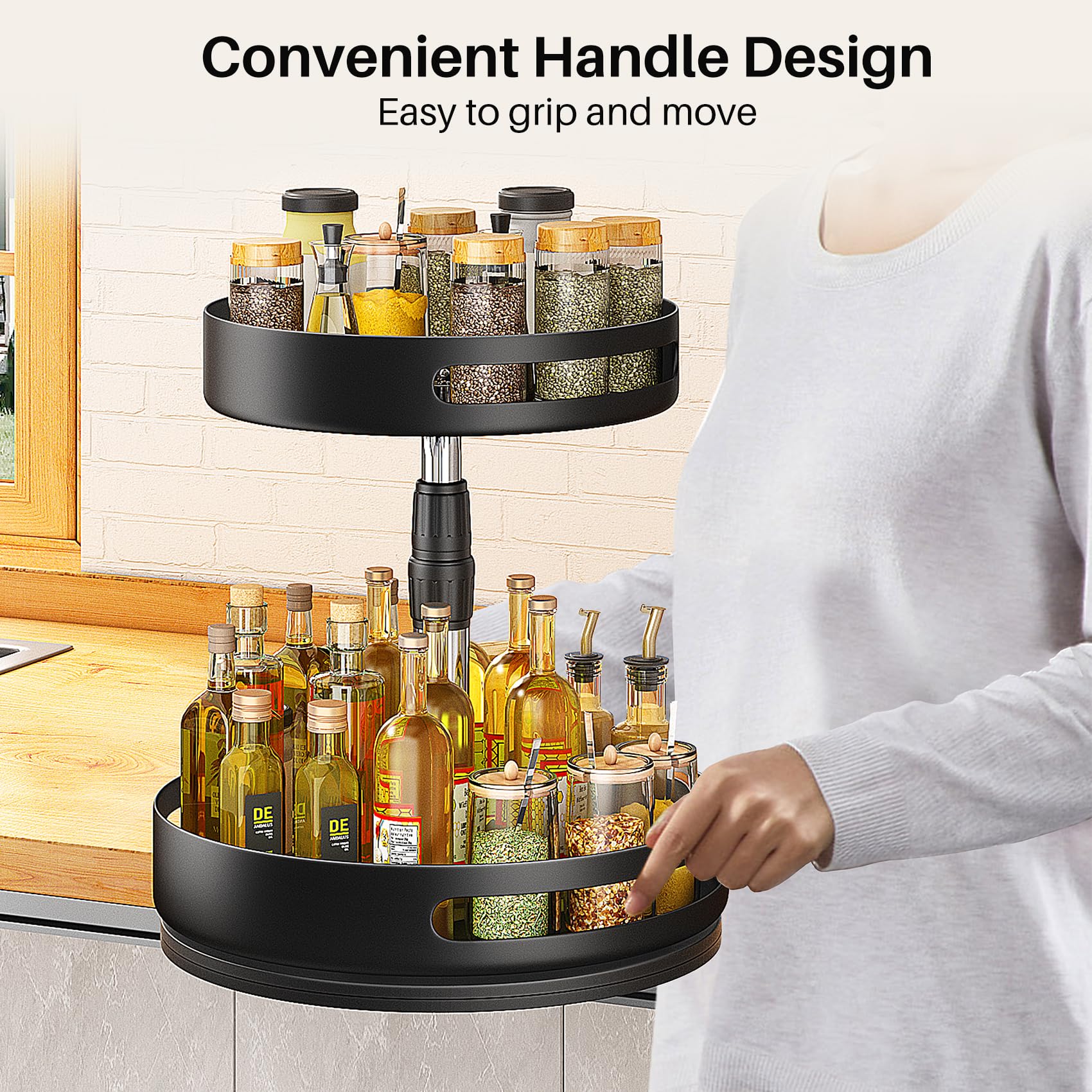 Lazy Susan Gewürzregal, 2 Etagen, drehbarer Metall-Drehteller, höhenverstellbar, Gewürzregale für Theke, Speisekammer, Schrank, 25,4 cm, Schwarz | Höhenverstellbar, um 360 Grad drehbar, Gewürz-Drehteller für Tischplatte, Küche, Speisekammer
