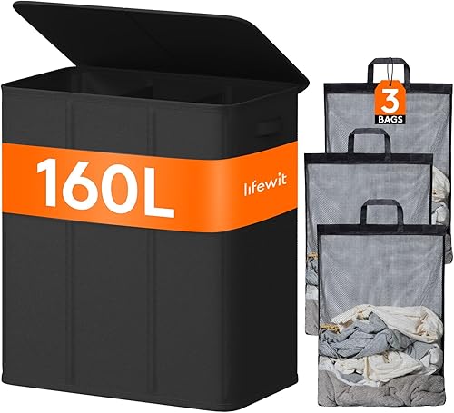 Miniatura 35 de Lifewit Cesta de lavandería con tapa y bolsa de lavandería extraíble, grande, plegable, 1 divisor, cesta de ropa sucia con asas para dormitorio