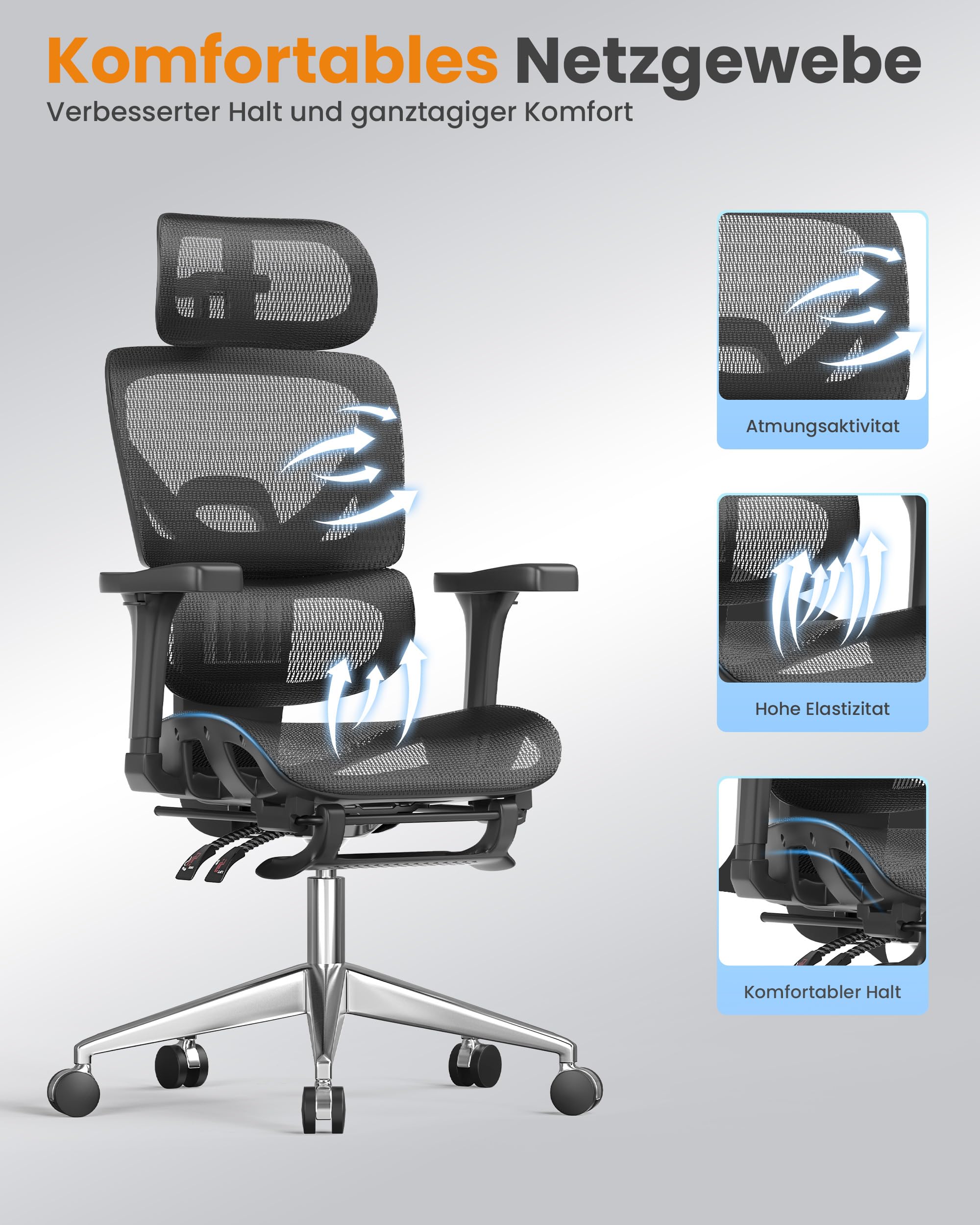 naspaluro Bürostuhl Ergonomisch, Schreibtischstuhl mit hoher Rückenlehne aus Netzgewebe, Belastbarkeit 160 kg, 3D-Armlehnen, Kopfstütze, Fußstütze, Office Chair für Home, Arbeit und Gaming