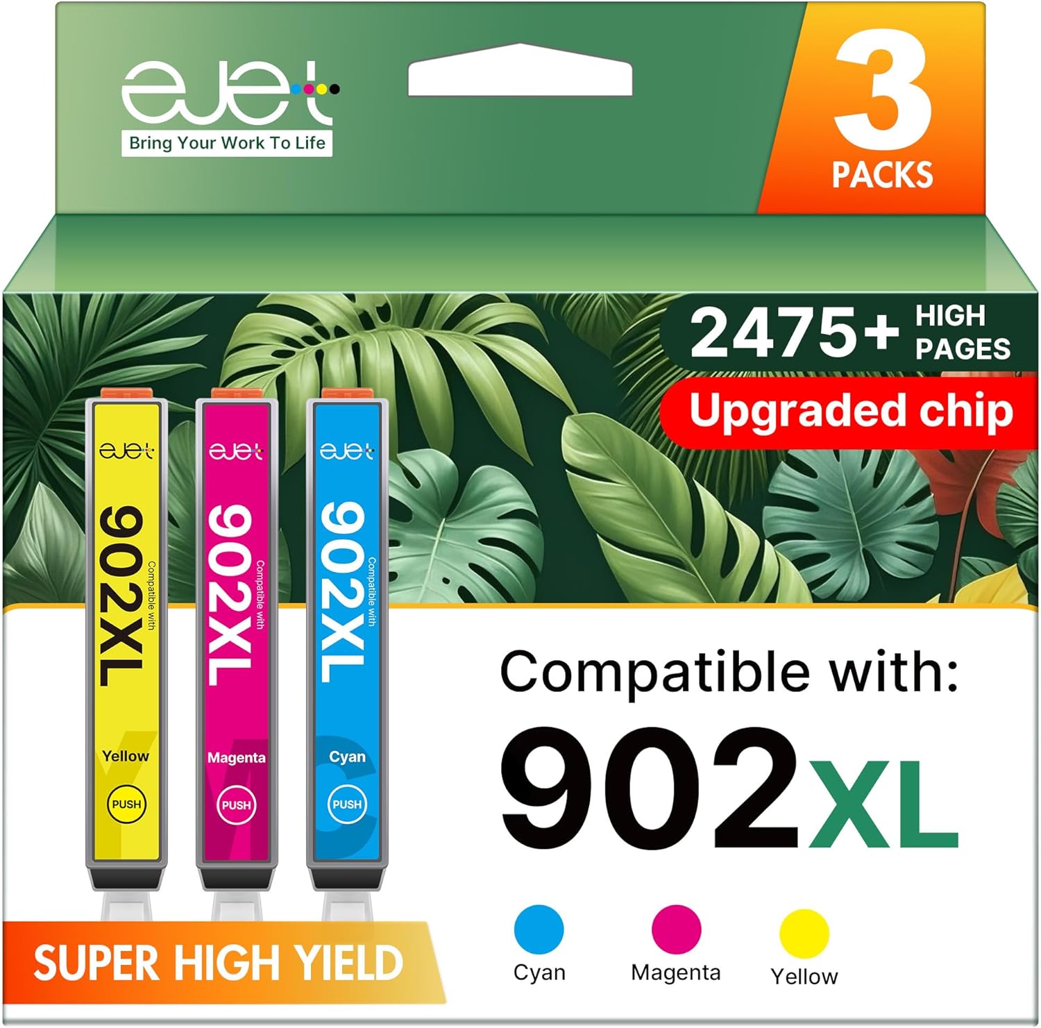 902XL Color Ink Cartridges Replacement for HP Printer Ink 902 XL Color Combo Pack 902XL Ink Cartridges for HP Printers Officejet Pro 6968 6978 6962 6958 6954 6960 Printers(3-Pack: Cyan/Magenta/Yellow)
