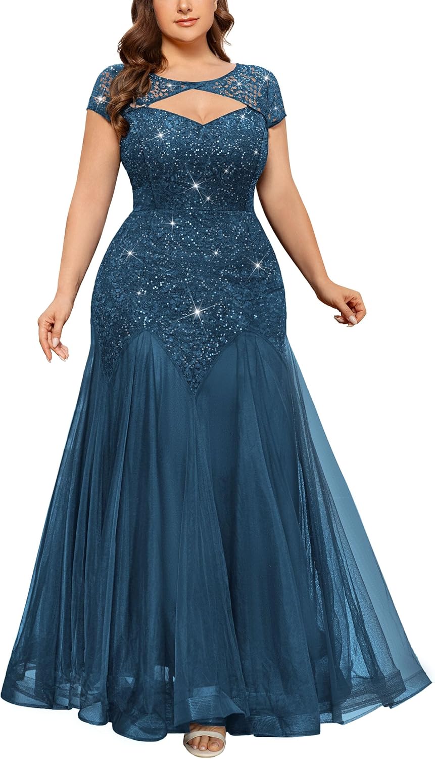 MISSMAY Women's Plus Size Sequin Lace Cut Out Tulle Mermaid Formal Bodycon Evening Maxi Dress