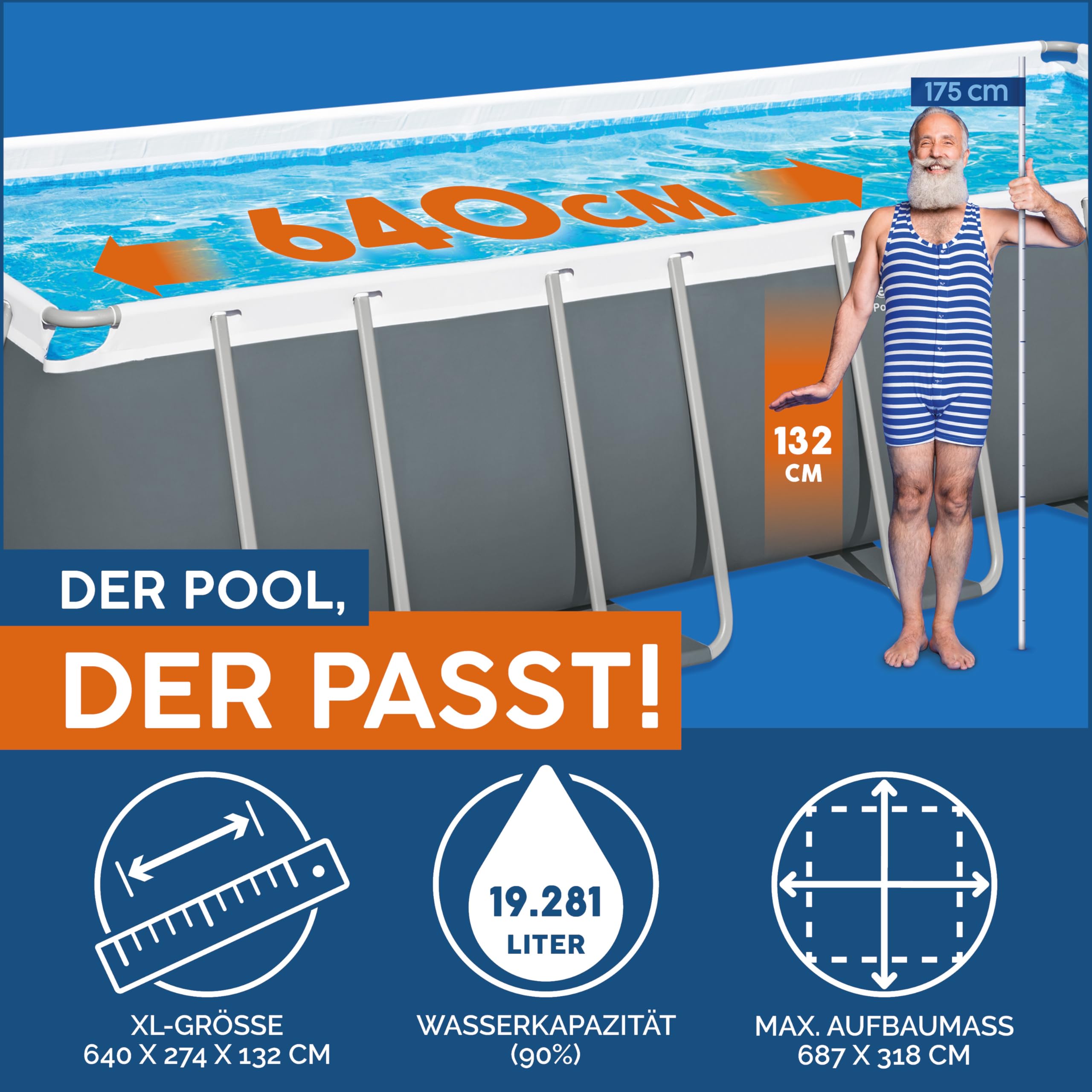Bestway Power Steel Frame Pool Komplett-Set mit Sandfilteranlage 640 x 274 x 132 cm, grau, eckig