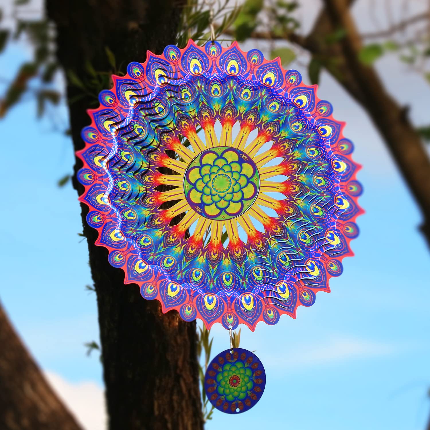 Molinillos de viento de mandala 3D de 12 pulgadas, esculturas cinéticas colgantes de acero inoxidable, corte láser, arte de mandalas de metal, decoración colgante de estrella para interiores y