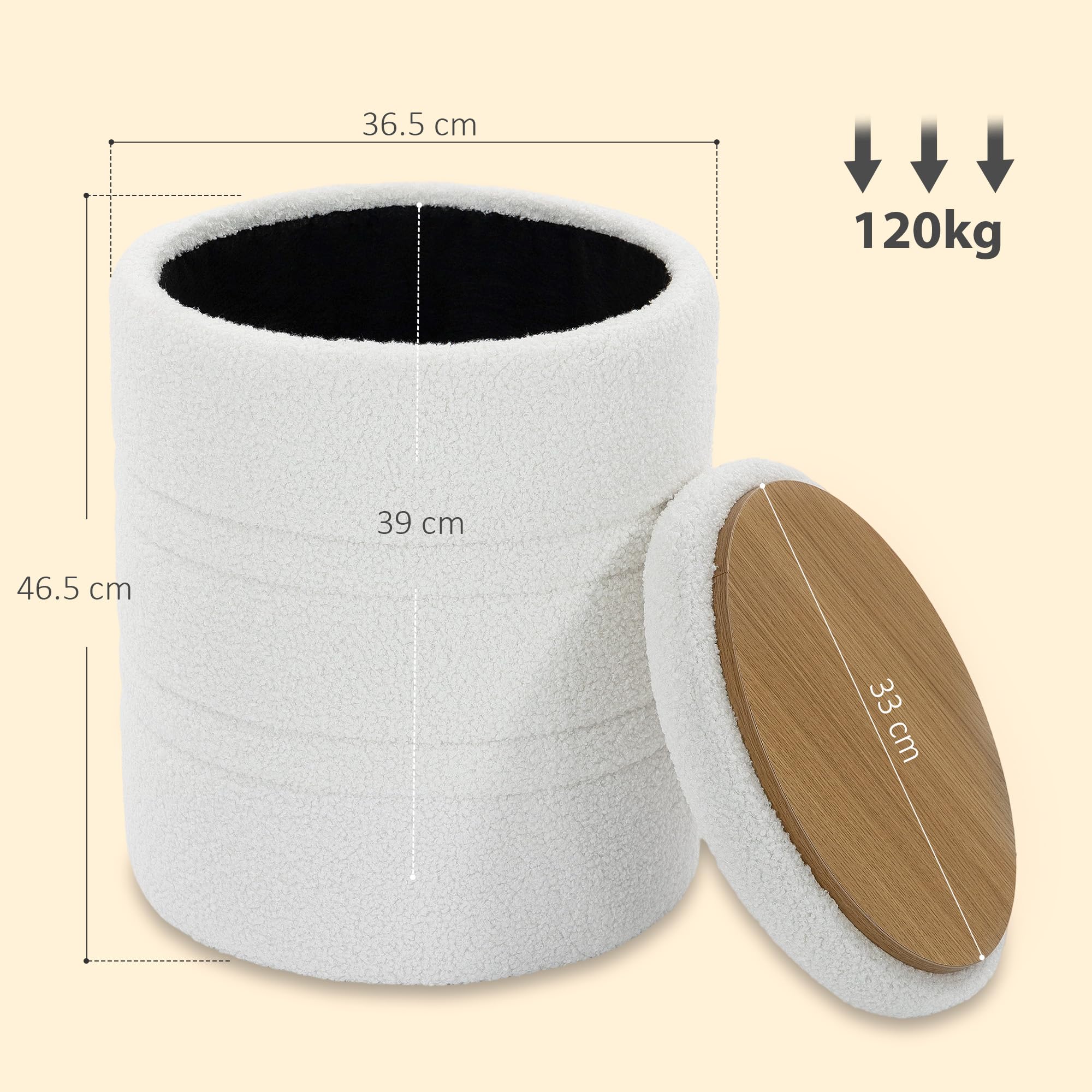 HOMCOM Pouf Contenitore Rotondo 33L con Coperchio 36.5x36.5x46.5cm Bianco | Tessuto Sherpa, Sgabello Contenitore, Capacità 120kg, Camera da Letto, Soggiorno, Ingresso