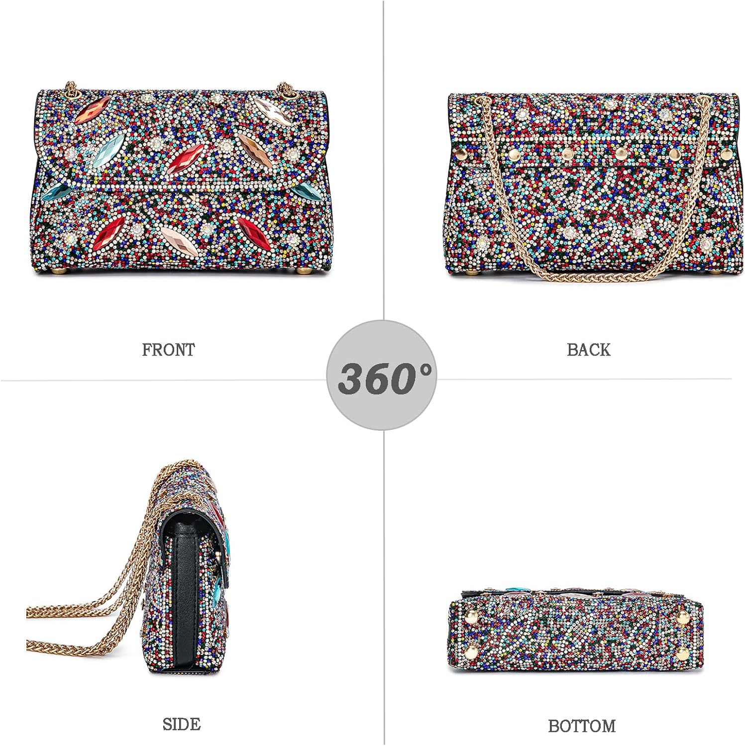 BBTT.ful Flower Evening Handbags Chain Strap Square Shoulder Bag Crossbody Bag Crystals Rhinestone Clutch Purse