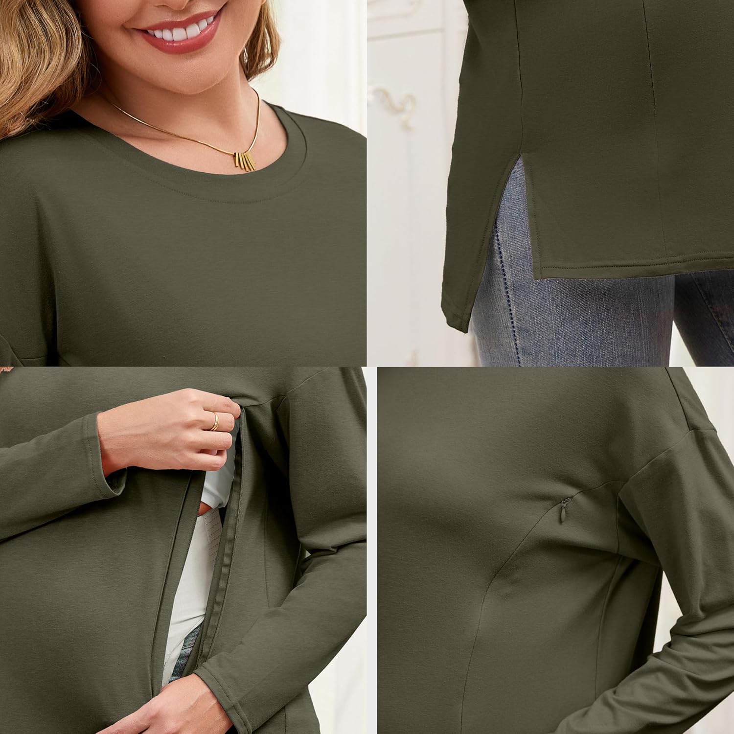 Women's Nursing Tops Long Sleeve Oversized 3 Pack Breastfeeding Shirts with Hidden Zipper Side Split Maternity Clothes - Image 6
