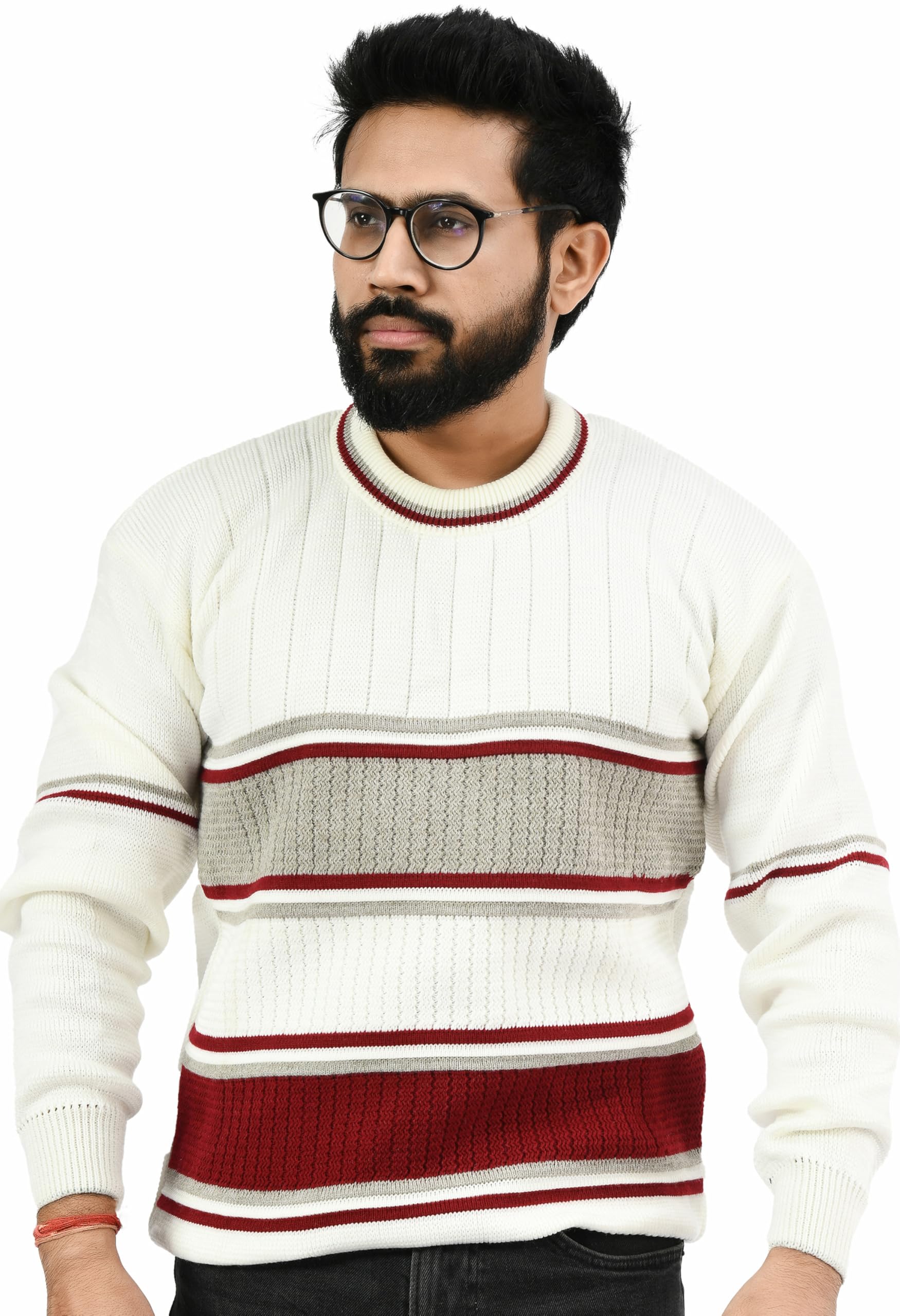 manra Men Round Neck Wide Stripe Full Sleeve Woolen Winter Pullover Sweater_ Royal Maroon (Men Round Neck Sweater/Size 38-40)-picture-26