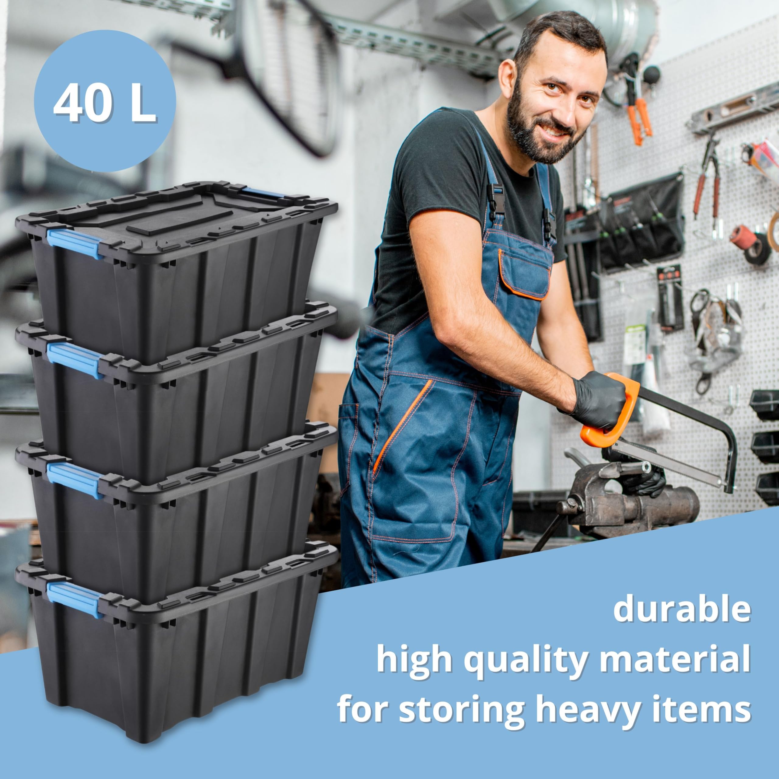 IDEA HOME Set di 5 Contenitori 40 L con Coperchio TechBox HD – Casse Robuste Impilabili in Plastica HD – Box Organizer per Garage, Officina, Attrezzi e Accessori