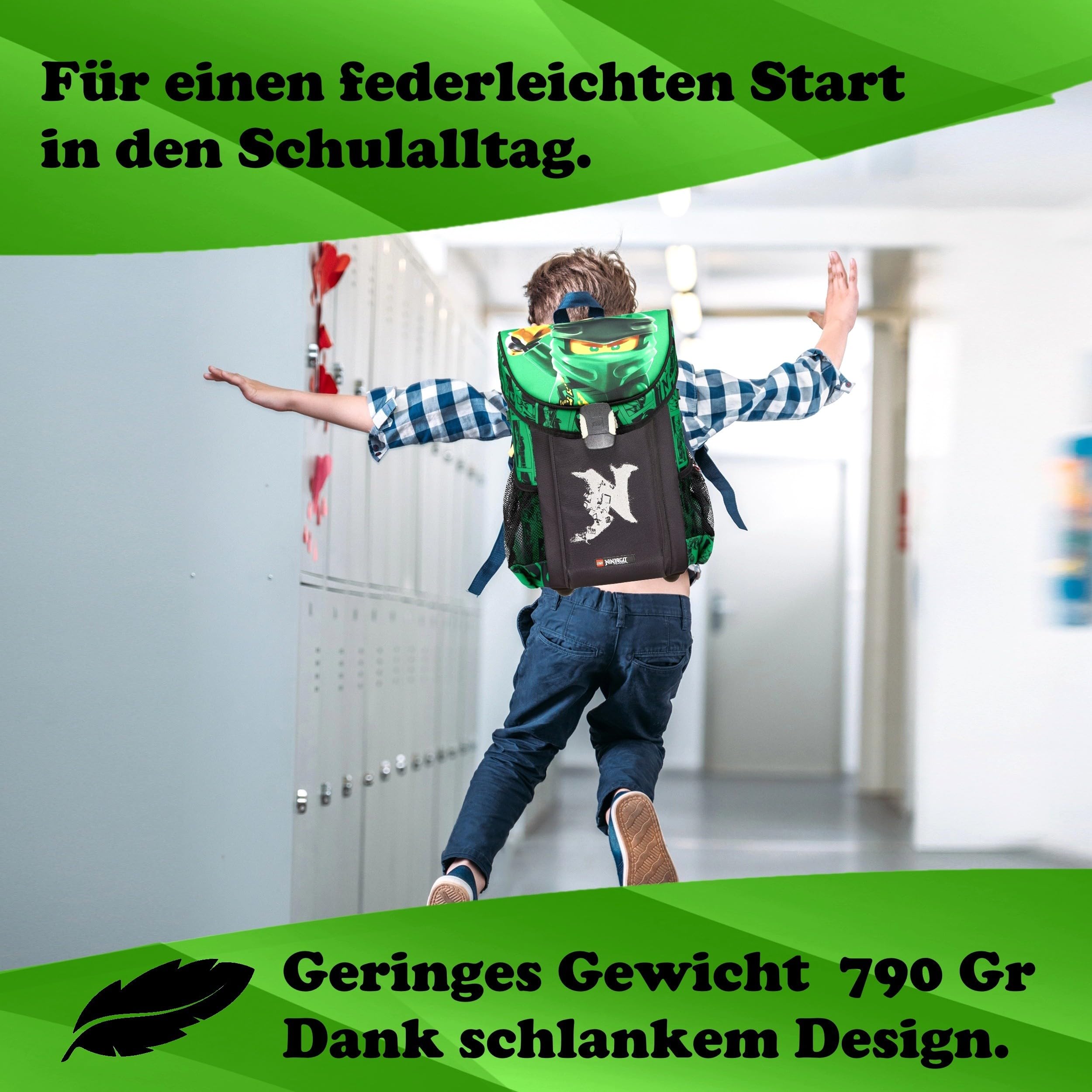 Familando - Schulranzen Set 9-teilig mit Sporttasche - Ninjago Grün - Ergonomisch, stabil & mit gepolstertem Rücken - 790g leicht mit 16L Volumen - wasserabweisend und mit Reflektoren - Ab 1. Klasse