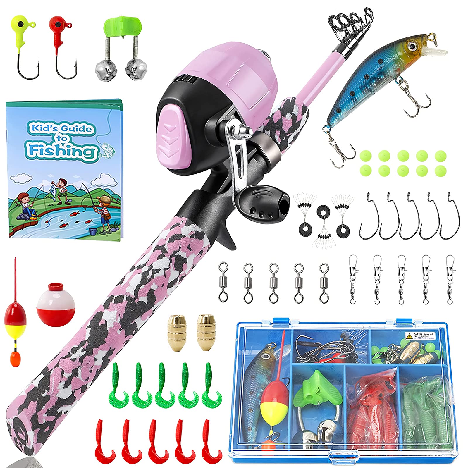 PLUSINNO Kids Fishing Rod and Reel with Spincast Fishing Reel and Line with Fishing Line