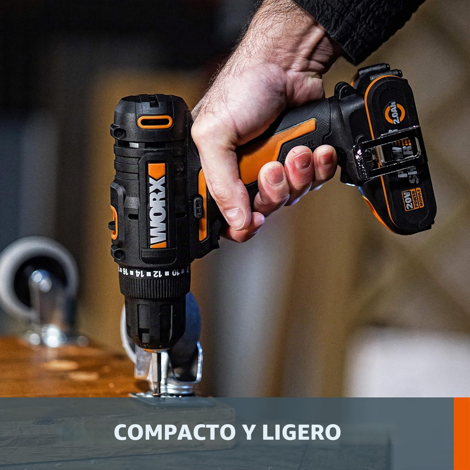 WORX - Taladro atornillador inalámbrico de 18 V (20 V máx.) WX100.3, PowerShare, par máximo 30 Nm, velocidad variable, luz LED, portabrocas sin llave de 10 mm, 2 baterías incluidas