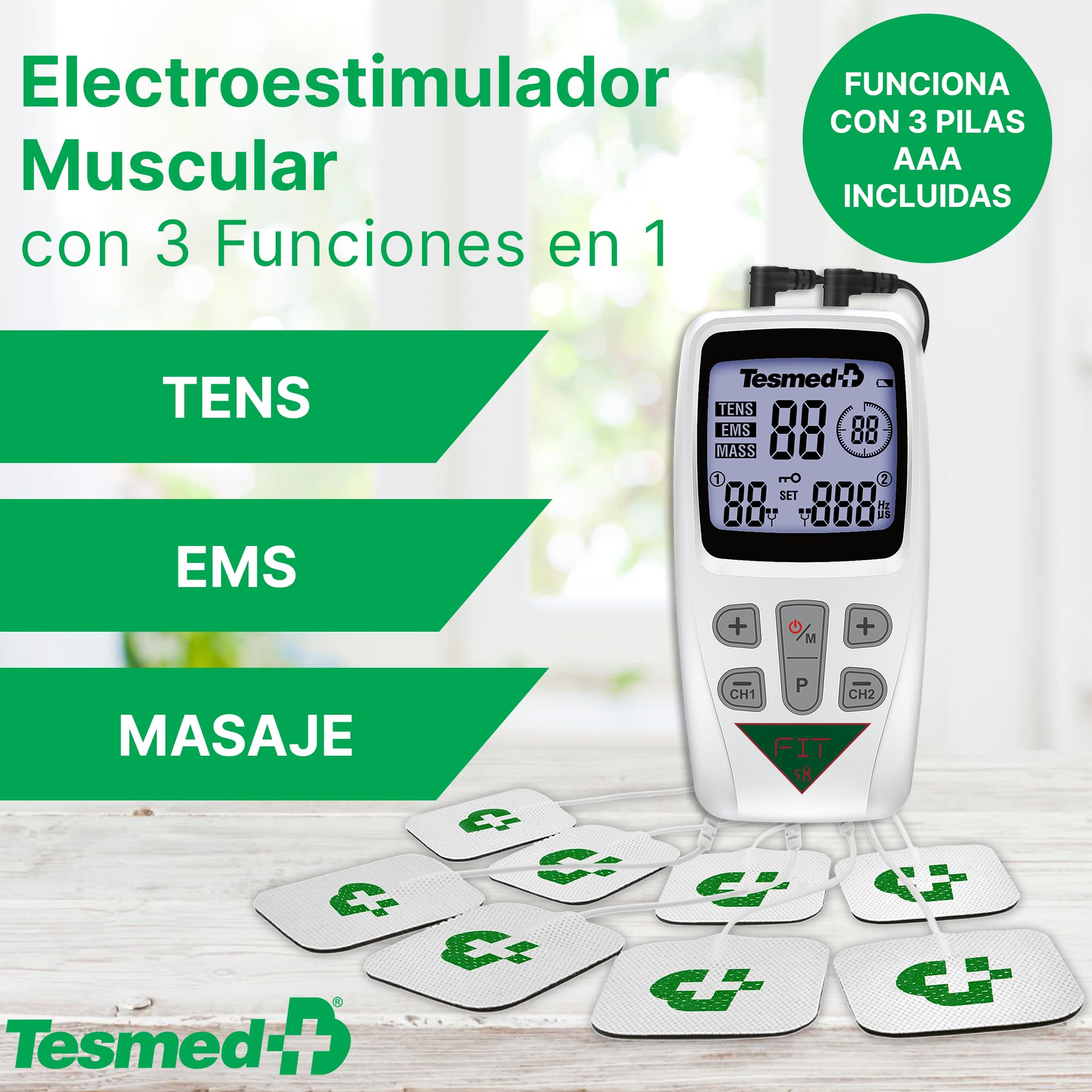 TESMED Fit Electroestimulador Muscular para EMS, TENS, Masaje (3 en 1), 22 Programas de los cuales 6 Personalizables, Aliviar el Dolor y Estimular Abdominales, Glúteos, Pectorales
