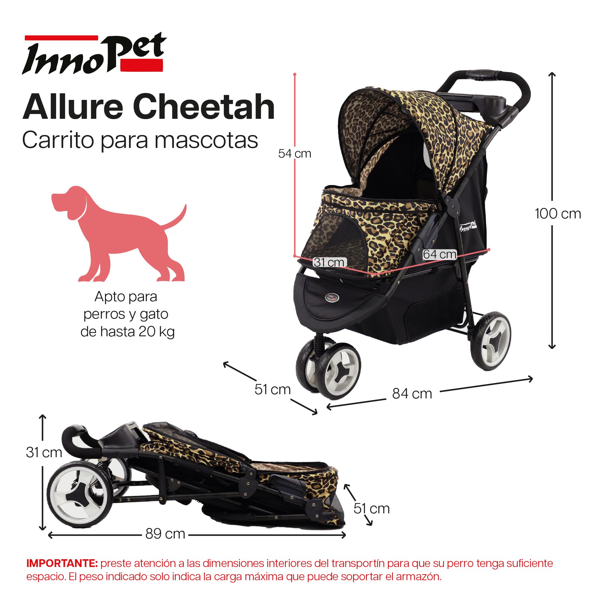 Innopet Carrito Allure Cheetah - Cochecito con estampado de leopardo, ruedas antipinchazos, plegado rápido, hasta 20kg, con cesta y 2 correas de seguridad