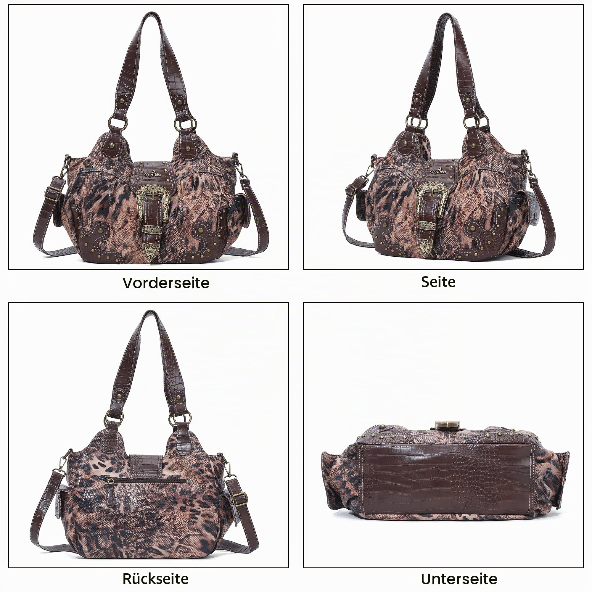 Angel Kiss Damen Handtasche Hobo Mittelgroß Shopper Weiches PU mit Metallnieten Wasserdicht Multifunktionale Reißverschluss viele Fächer Retro für Frauen Dating Party Alltag Büro Arbeit