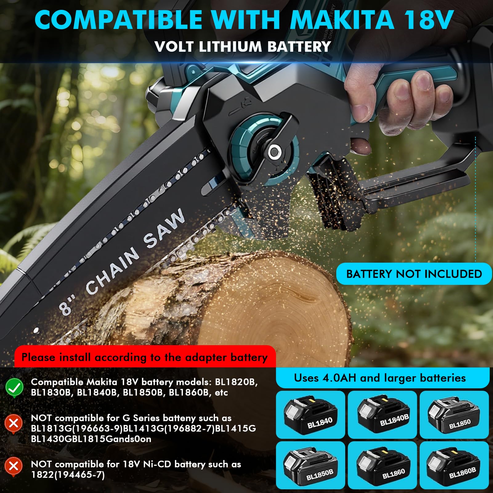 Mini akumulatorowa piła łańcuchowa do Makita 18 V 8 cali, 600 W, elektryczna piła łańcuchowa do przycinania drzew z automatycznym smarownicą do przycinania i ogrodnictwa (bateria nie wchodzi w