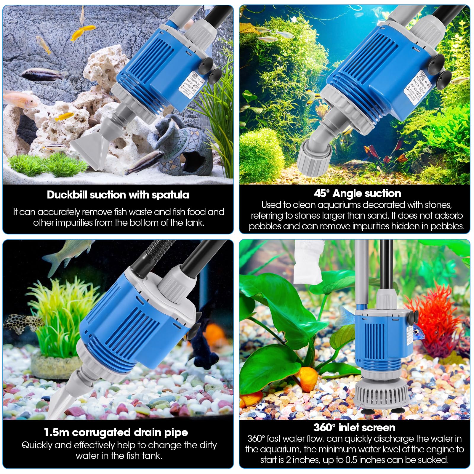 Nettoyage de Gravier pour Aquarium 6 en 1 Kit, Aspirateur Electrique pour Aquarium Changeur d'eau Laveur de Sable pour Aquariums Nettoyage des algues/Gravier