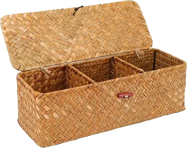 Natürlicher Seegras Korb mit Deckel - 3 Fächer Aufbewahrungskorb für Zuhause