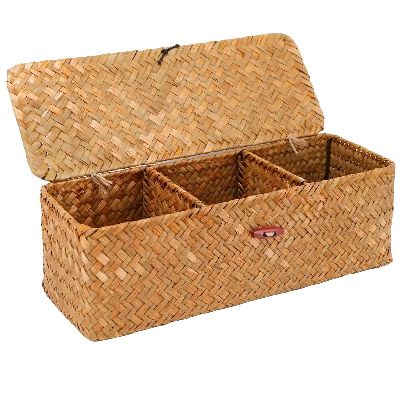 Prostokątny kosz z naturalnej trawy morskiej, 32,5 x 12 x 11 cm, 3 przegrody, kosz do przechowywania do sypialni, łazienki