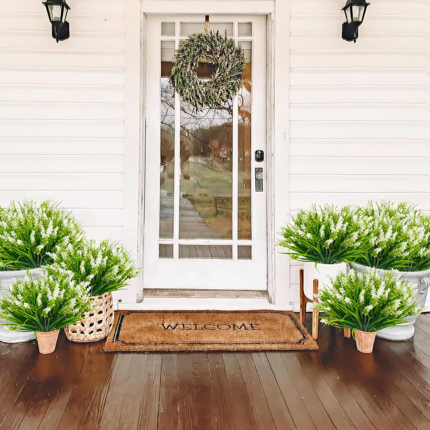 Agusbagli 24 Bundles Artificial Grass Fake Plants, Outdoor Fake Monkey Grass Greenery UV Resistant Faux Plastic Shrubs Arrangement for Patio Garden Porch Home Window Hanging Planter Decor - White