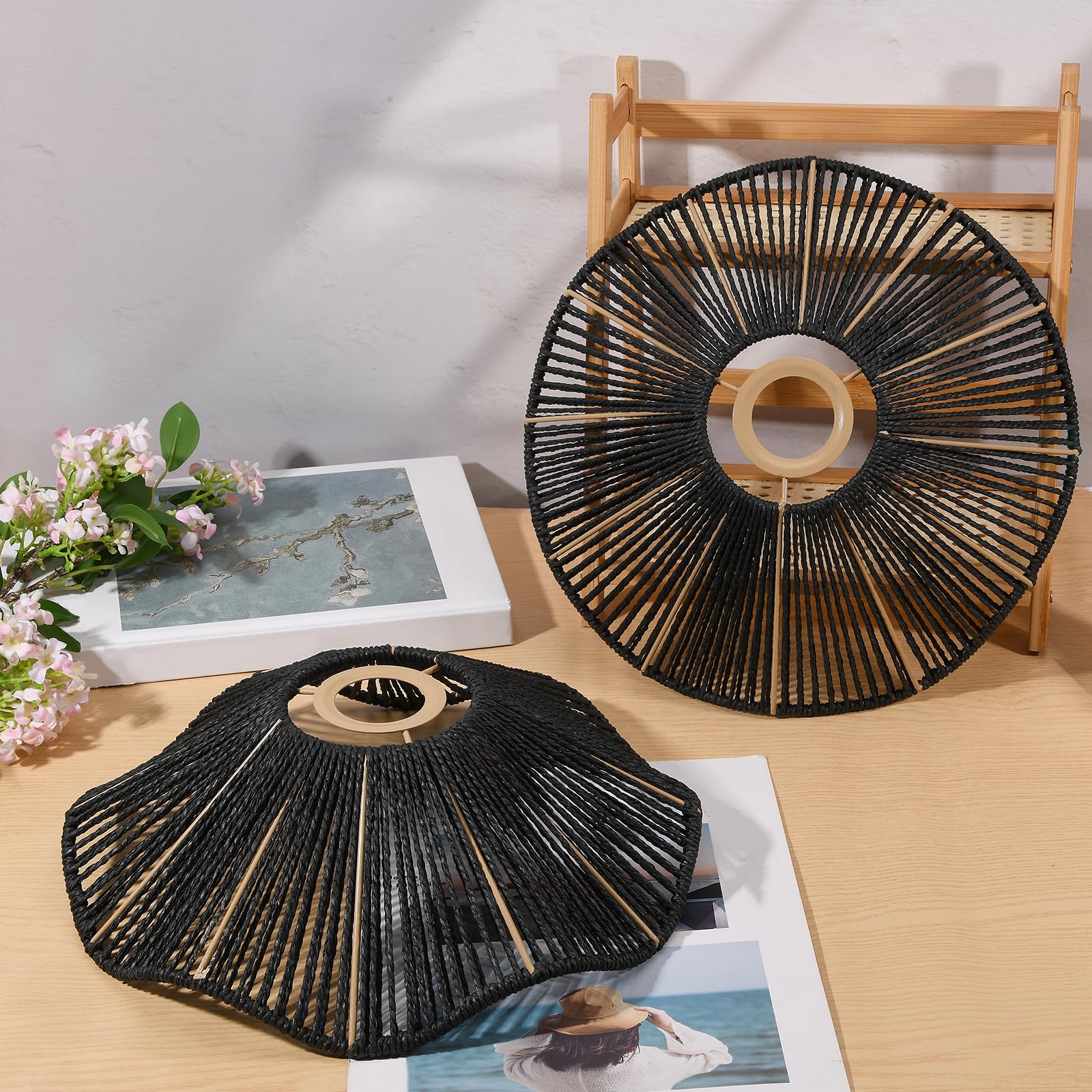 3 paralumi in rattan a forma di conchiglia, in carta intrecciata e ferro, stile bohémien, per soggiorno, camera da letto, cucina, sala da pranzo, 29,5 x 29,5 x 9,35 cm, nero