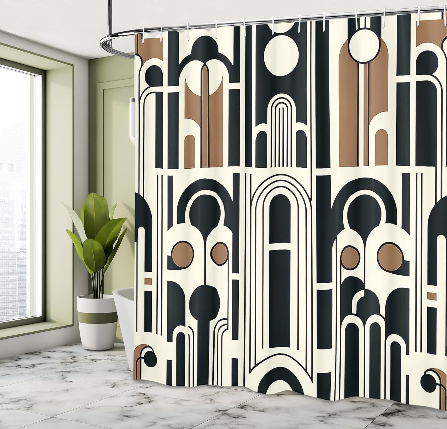Ambesonne Modern Shower Curtain, Simple Abstract Geometric Arch and Roundy Shapes with Minimalist Lines, Cloth Fabric Bathroom Decor Set with Hooks, 69" W x 84" L, Eggshell Camel Dark Grey