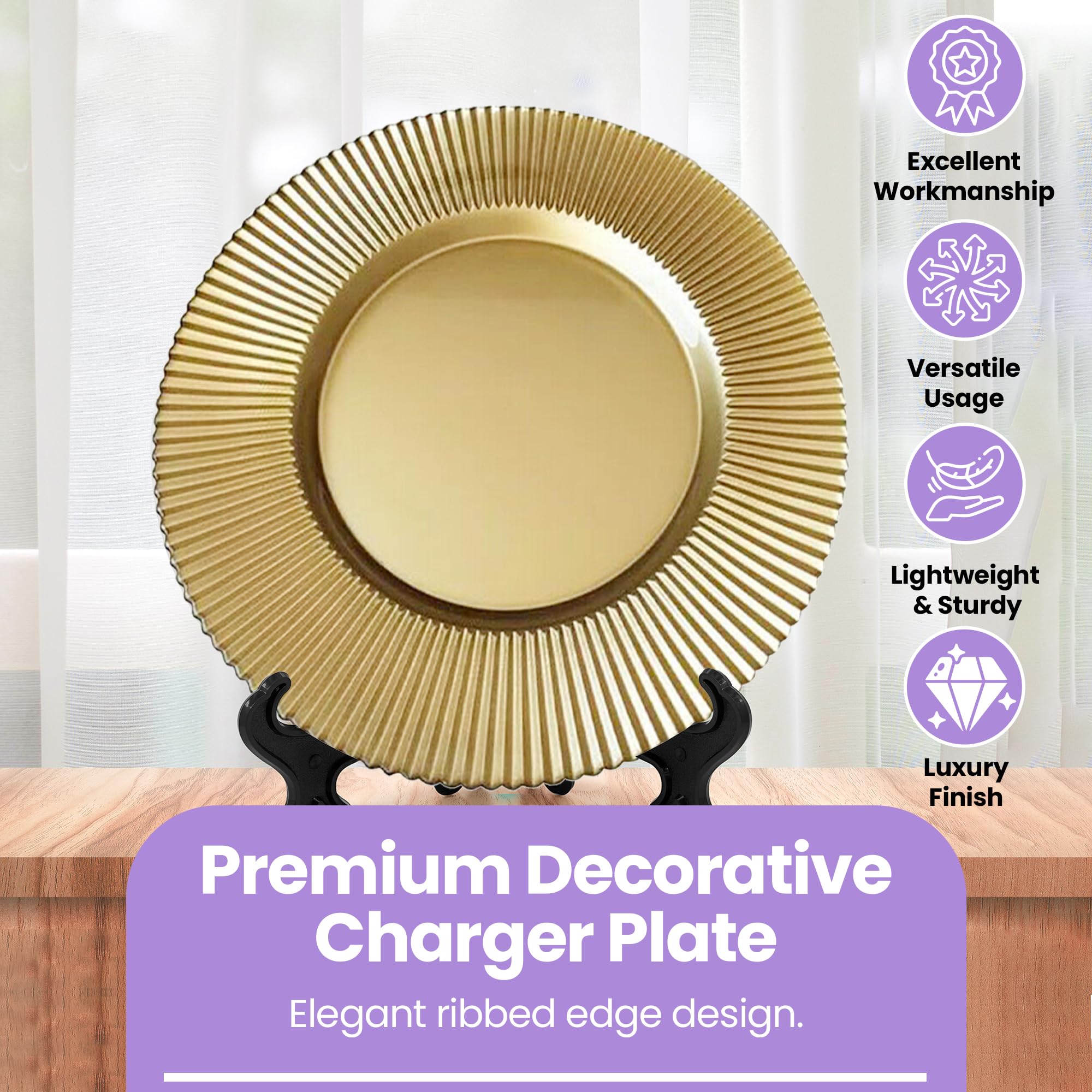 Platos de carga dorados con borde acanalado, 33 cm, elegantes placas inferiores de polipropileno para bodas, fiestas, aniversarios, cumpleaños, vajilla, eventos de catering y eventos especiales, juego