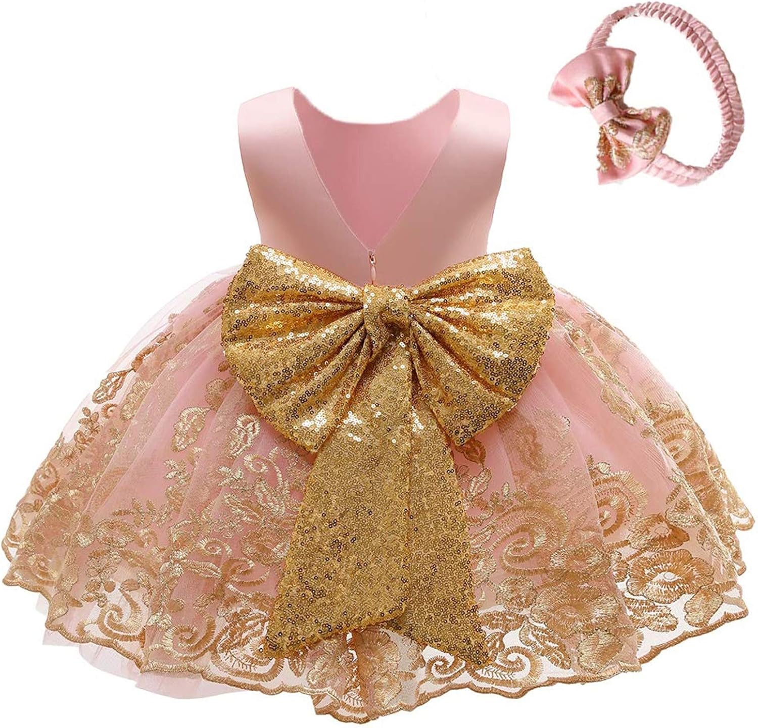 Pageant Bowknot Lace Headwear Party Dress Gown Baby with Dress Girls Embroidery Girls Little Girl (Pink, 18-24 Months)