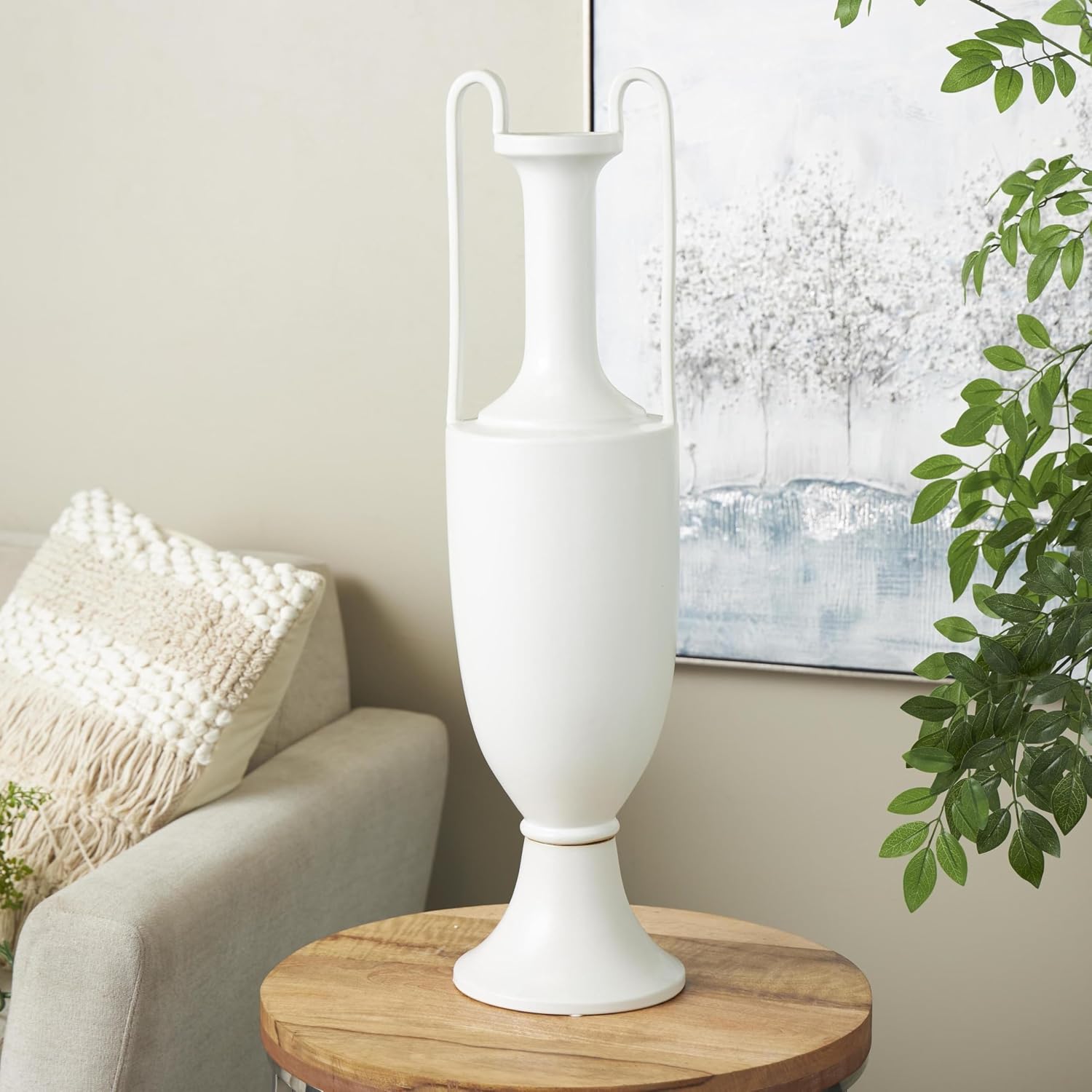 Deco 79 Ceramic Decorative Vase Fluted Urn Shaped Centerpiece Vase with Arche Handles, Flower Vase for Home Decoration 8" x 8" x 30", White