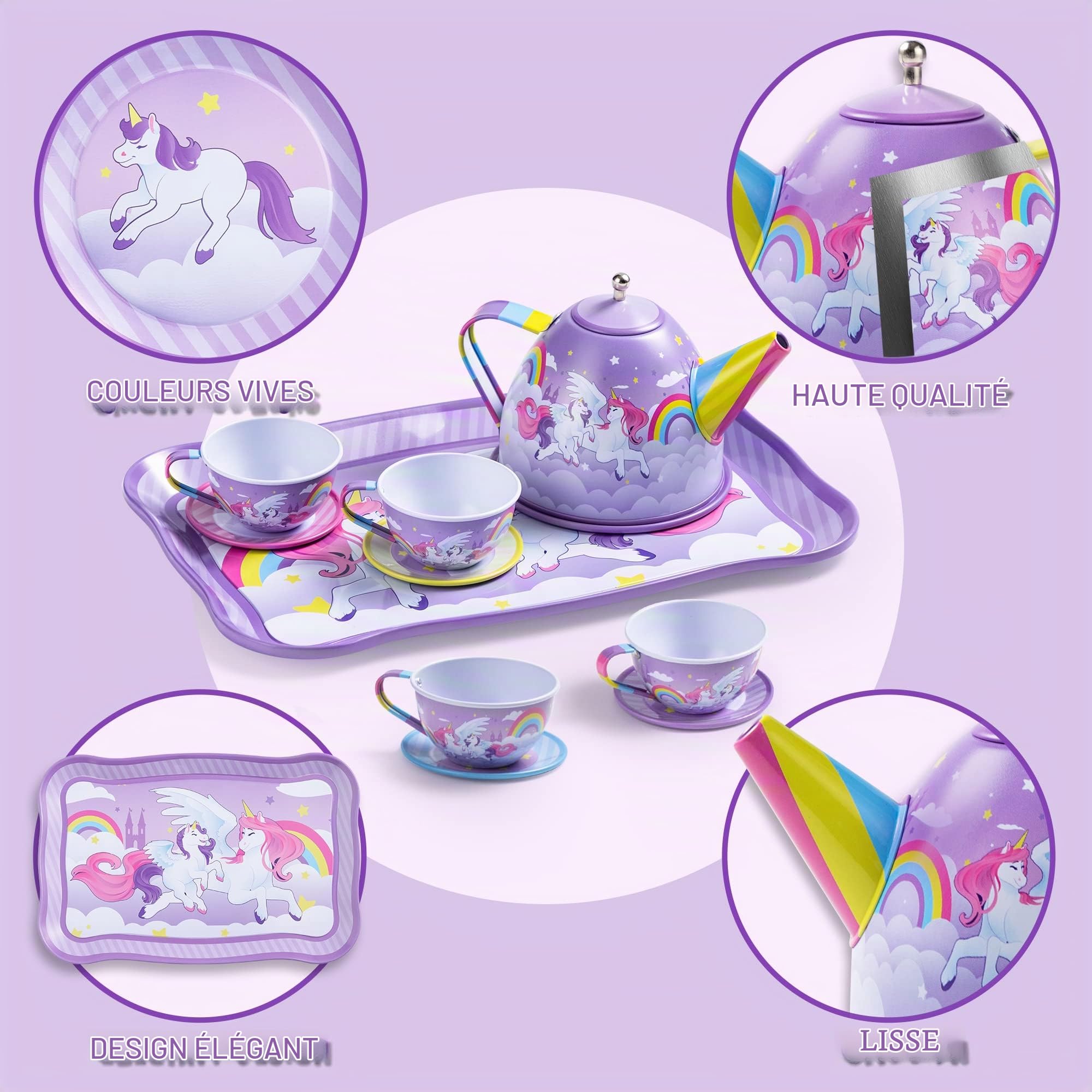JOYIN Ensemble théière en étain pour goûter et Cuisine d'enfants Motif château de Licorne Violet