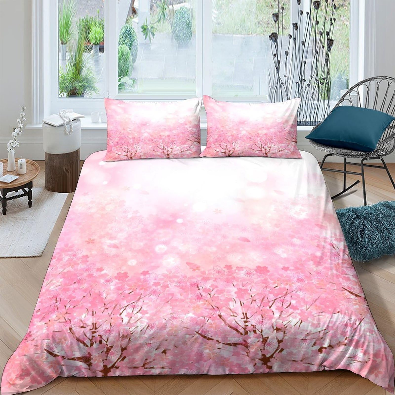 Ctjqhvkz Style-5 3D Printed Sakura Blossom Fitted Sheet Microfiber Soft Pink Gradient Bed Cover For Bedroom Dorm Anti-Slip Machine Washable Single（135X200cm）
