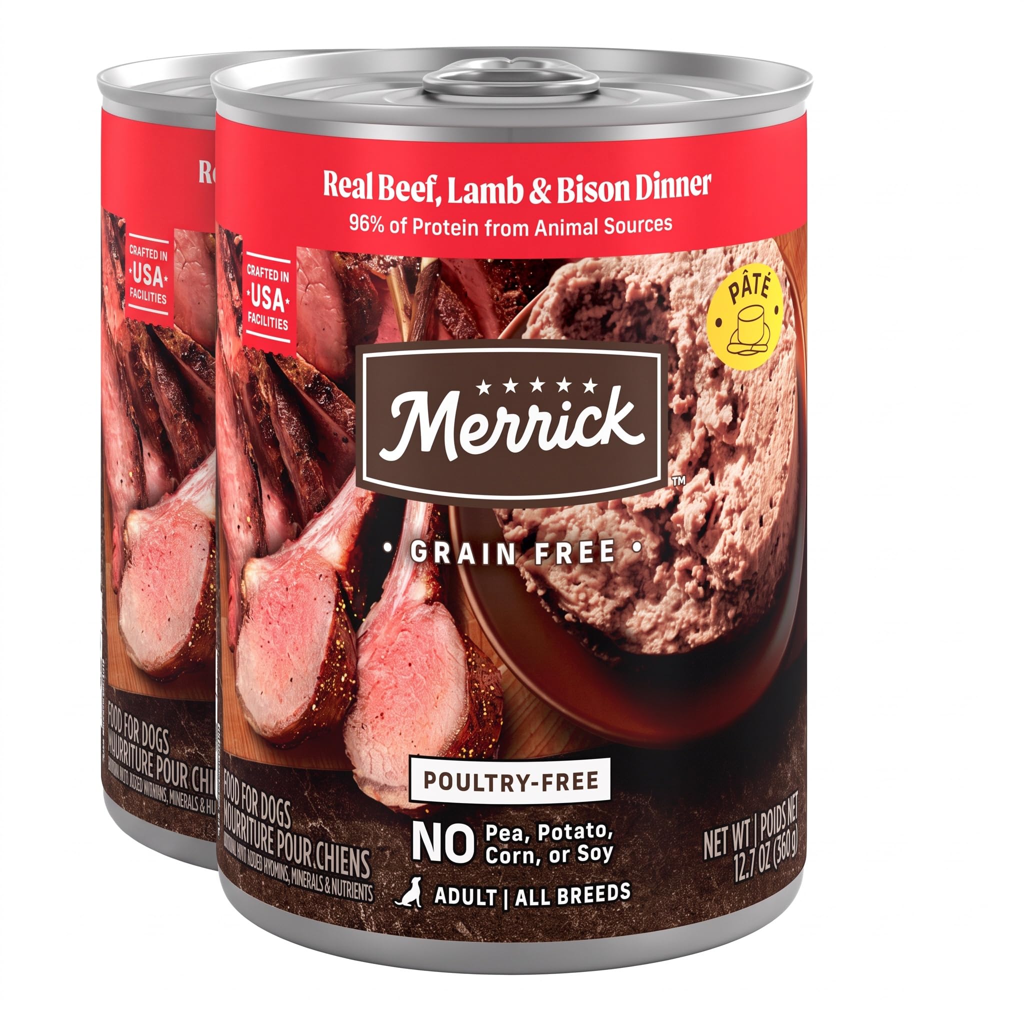 Merrick Grain Free Premium and Natural Canned Dog Food, Soft &amp; Healthy Poultry Free Wet Recipe, Real Beef Lamb and Bison - 12.7 oz. Cans, (Pack of 24)