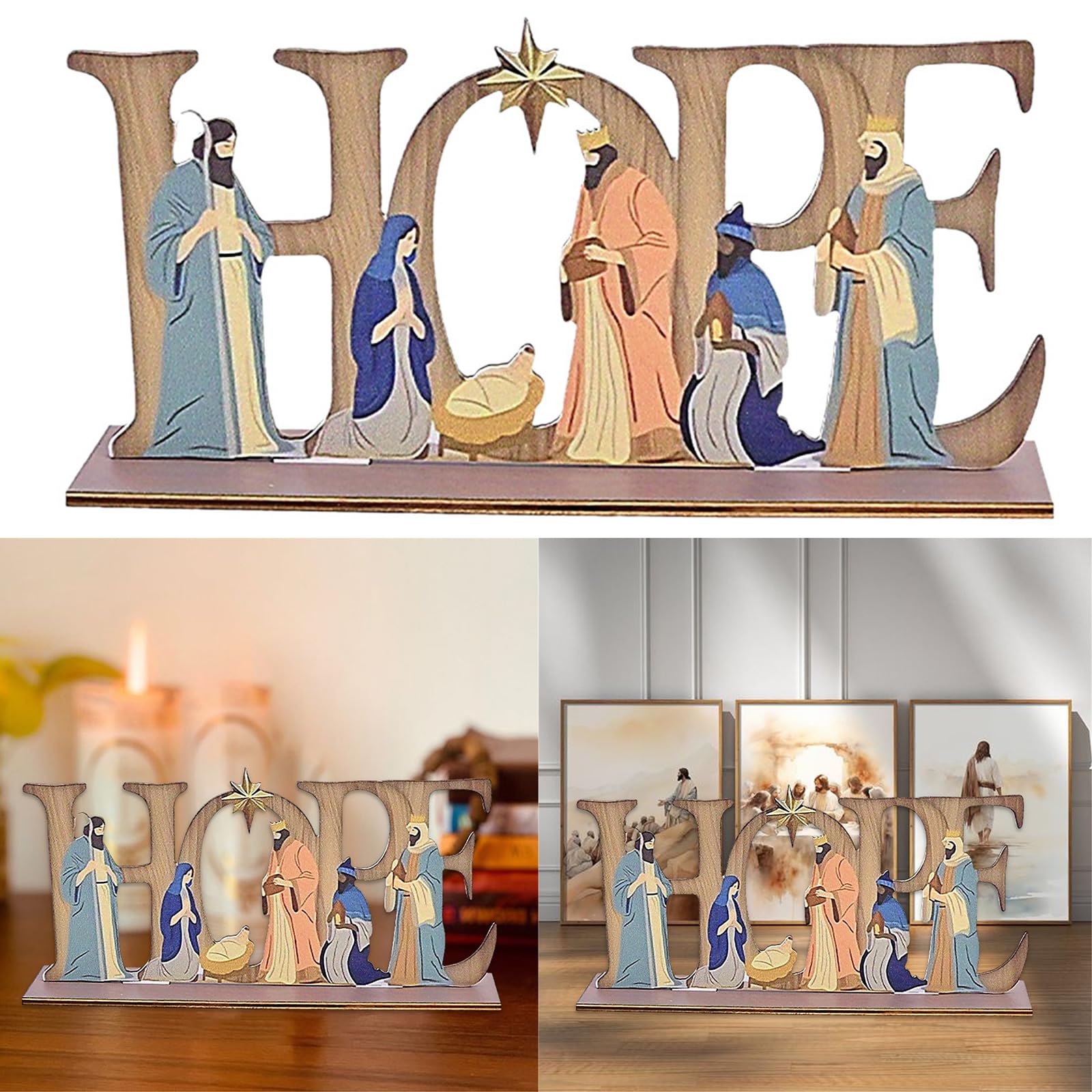 ZEXKENS Wood Nativity Figure with Hoping Sign Christmas Indoor Ornamentation for Christmas Home Decors and Religious Gatherings
