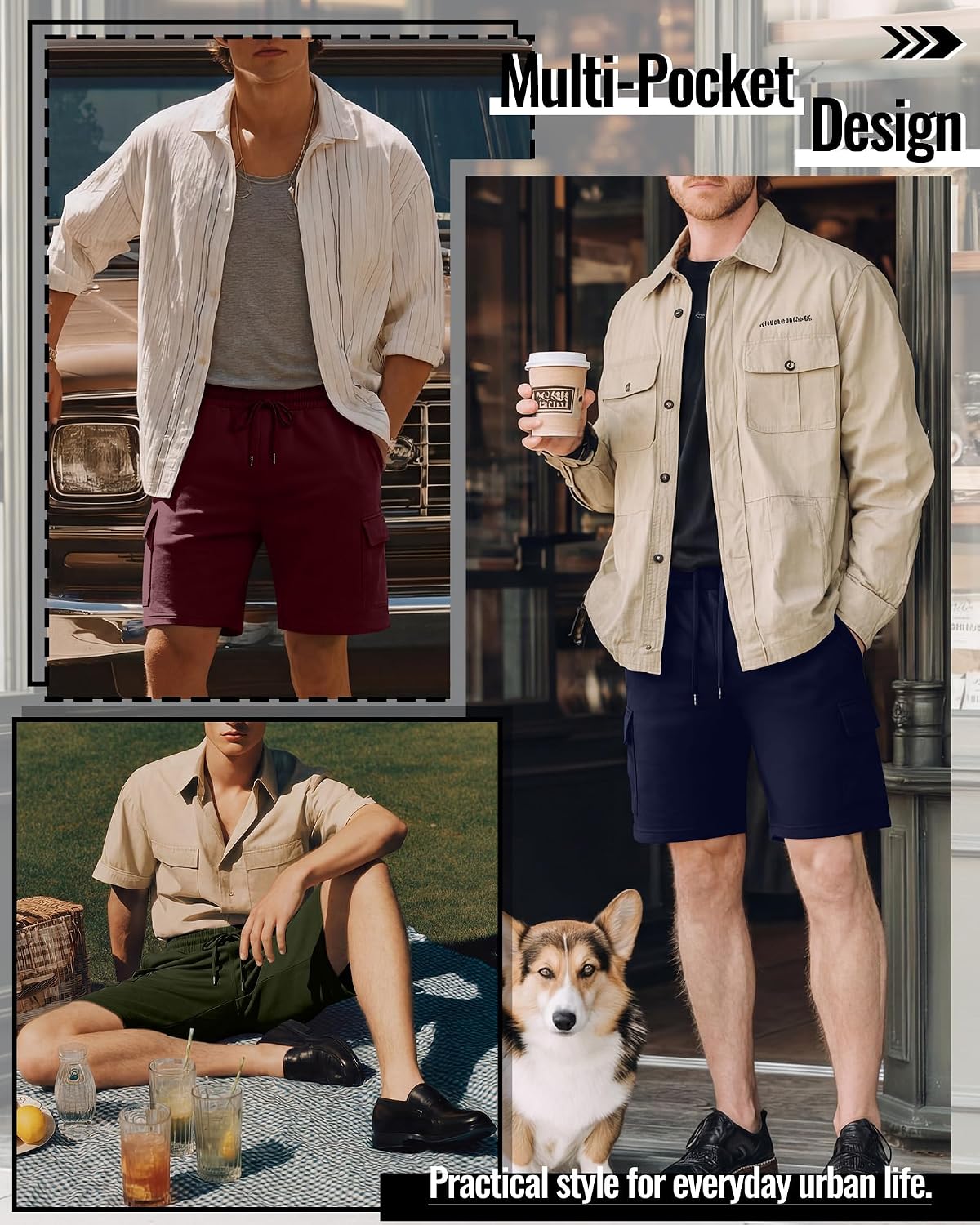 August Alley 3 Pack Men's Cargo Shorts Elastic Waist Drawstring Casual Sweat Shorts with Multi Pockets Gym Workout Outdoor