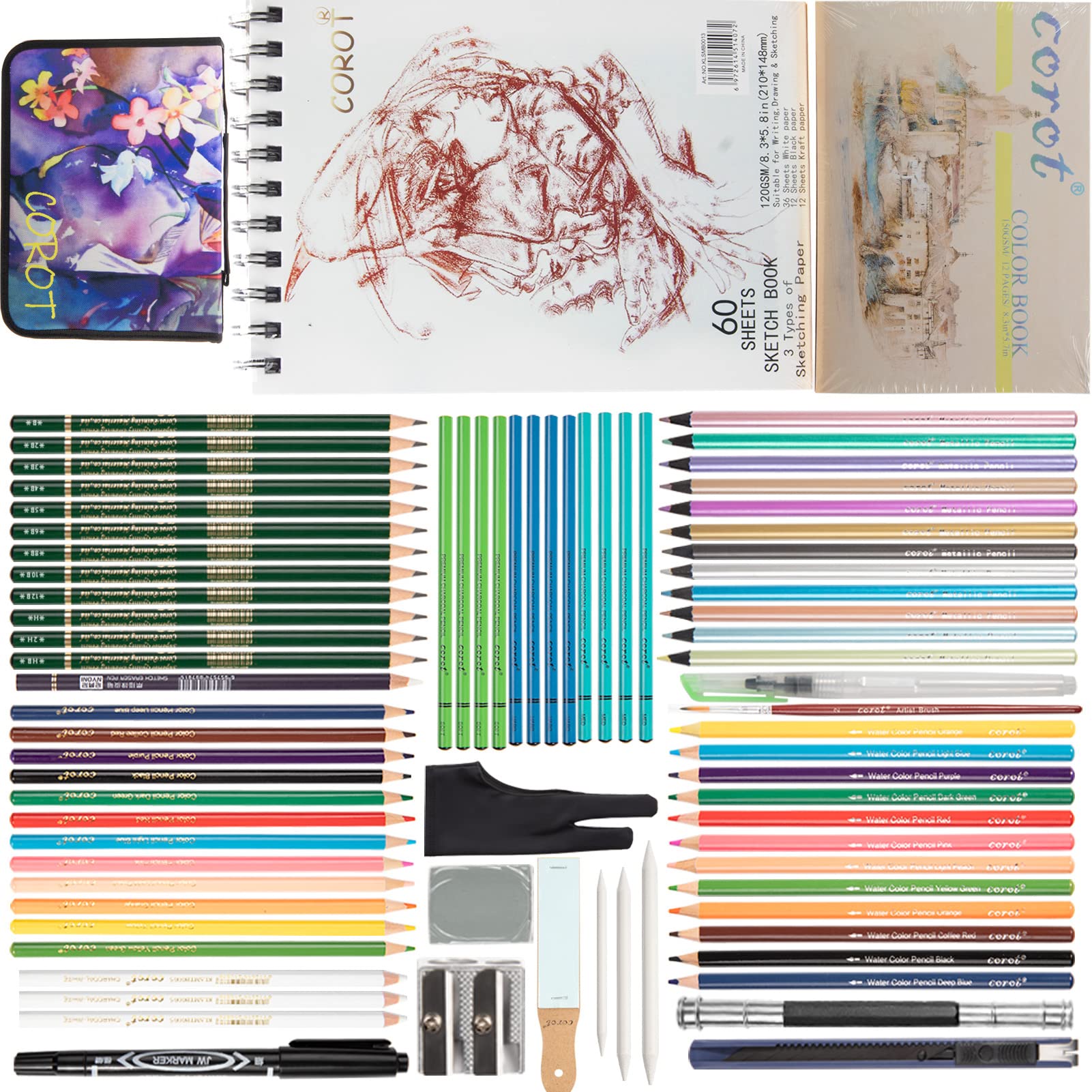 Corot 80pcs Drawing Kit Pencils Painting Set, WIth 3-Color Sketch Book and Color Book Sketching Kit，Pro Arter Paint Gloves and High Grade Penils Set For Kinds Beginners or Artists.