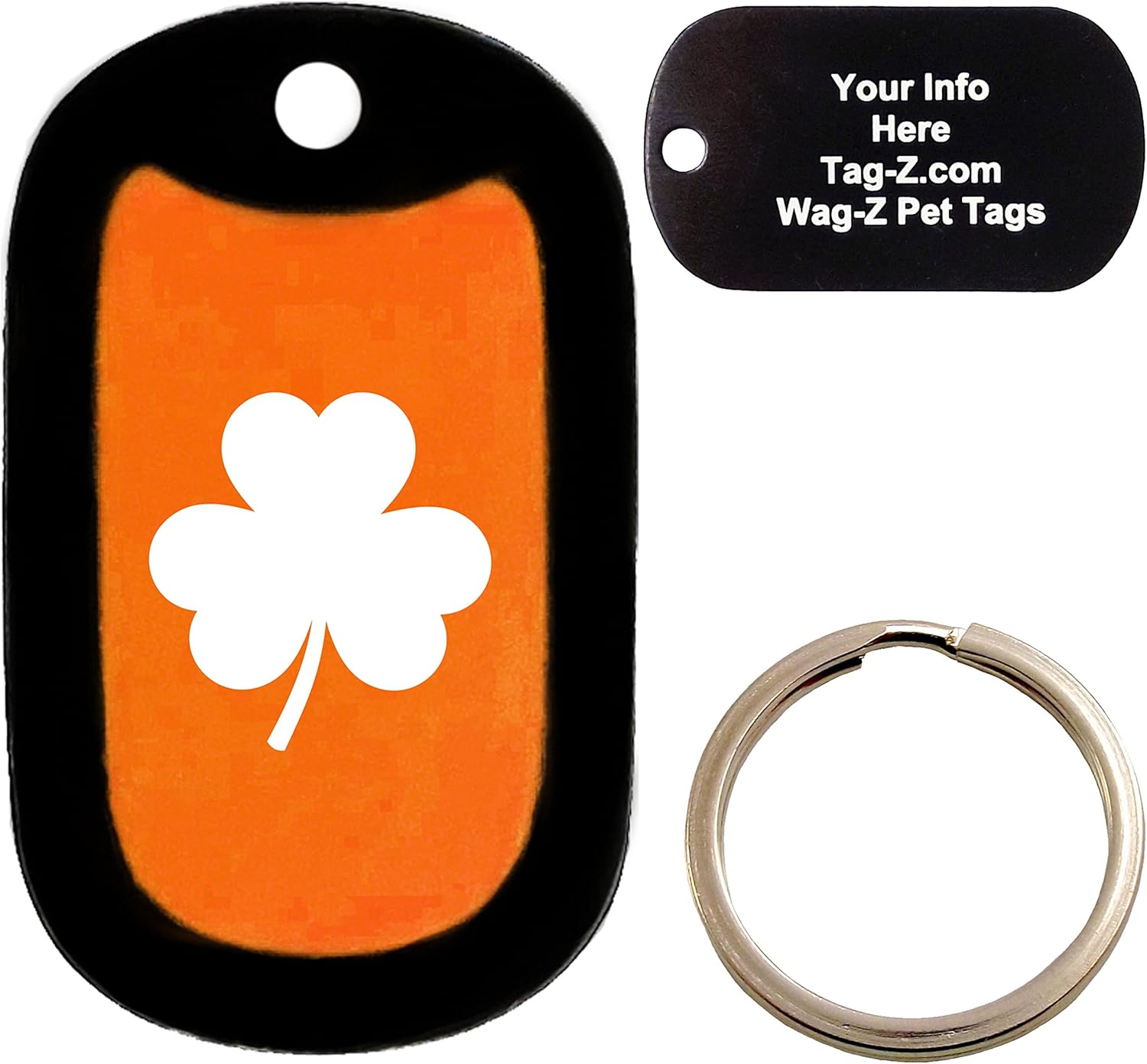 Custom Engraved Pet Tag 3 Leaf Clover Orange Dog Tag