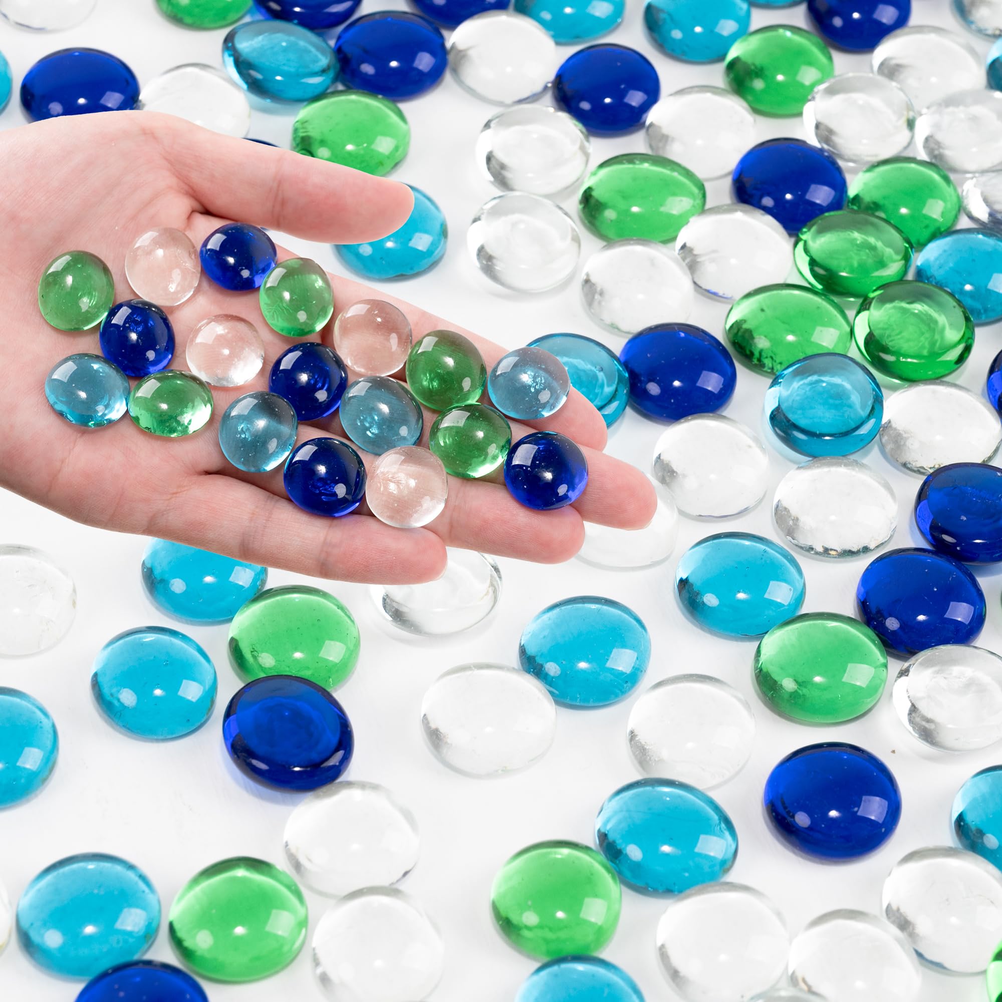Foncomy Flat Glass Marbles, 440g Vase Filler Pebbles Gems, Decorative Glass Beads for Vases, Crafts, Floral, Mancala Stones, Aquarium Rocks for Fish Tank(Approx. 80-100 PCS), Mixed Green and Blue