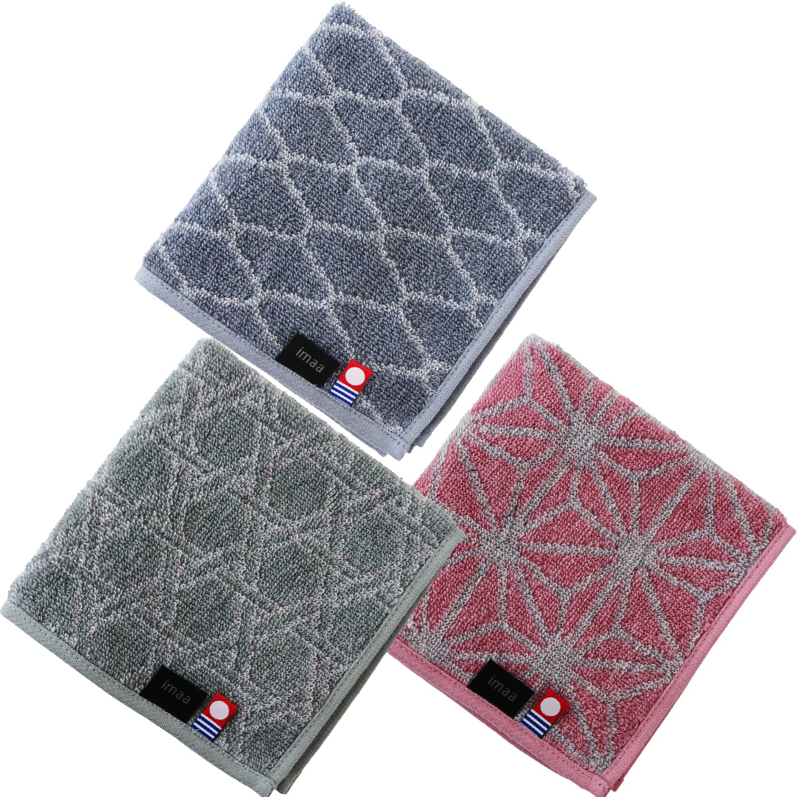 Imaa Certified Imabari Towels, Hand Towels, Handkerchief, 9.8 inches (25 cm), Made in Japan, Vacuum Compression Pack, Japanese Pattern, Sustainable, Nagomi B Assorted 3 Pieces : Home & Kitchen