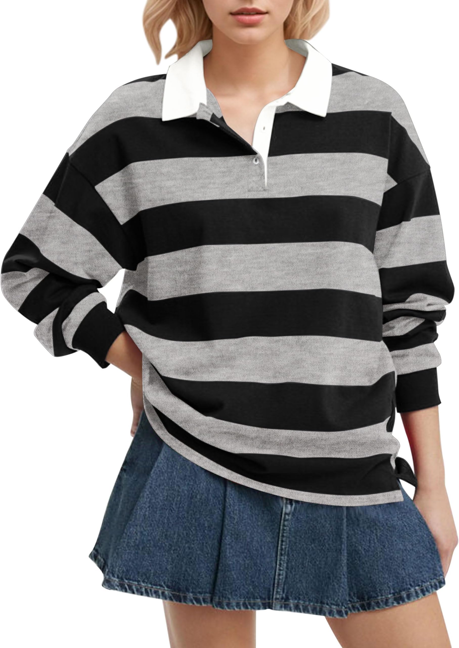 Meladyan Rugby Shirt Women Polo Striped Sweatshirt Oversized Long Sleeve Lapel V Neck Pullover Top Y2K Streetwear Blouses