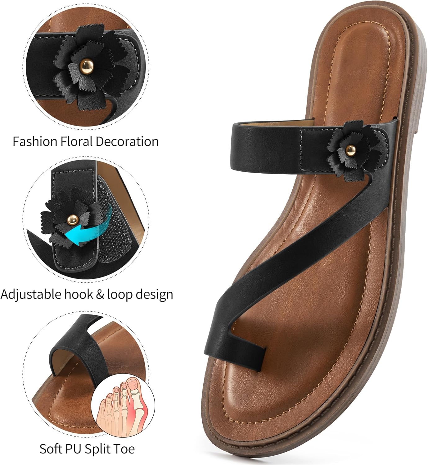 Flat Sandals for Women Dressy: Comfortable Summer Beach Sandal Adjustable Hook loop Slip on Toe Ring Walking Shoes for Travel Office 7.5 Black image 3 of 7 B0DTPPCJ1G