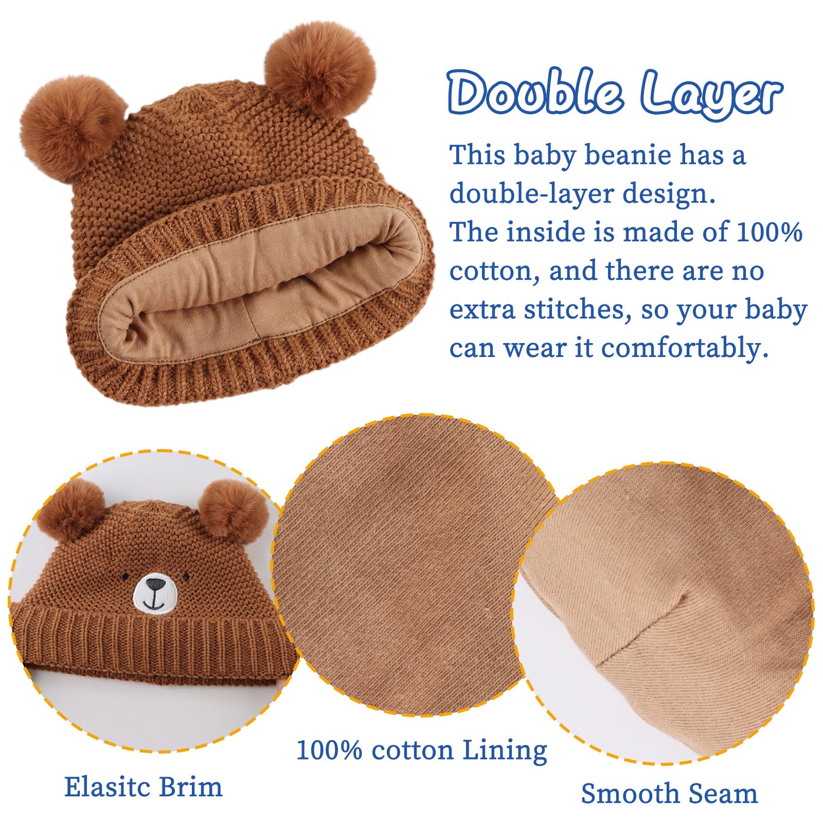 JANGANNSA Cute Bear Baby Beanie Pompom Baby Boys Hat Infant Toddler Winter Knitted Beanies for Girls