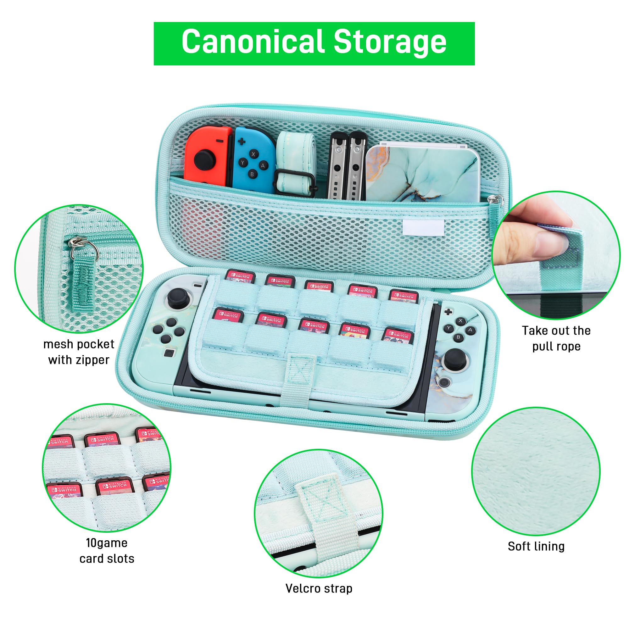 FANPL Set di custodie per Nintendo Switch OLED, custodia da trasporto per Switch OLED e Joy Con con custodia protettiva flip e pellicola protettiva, 4 impugnature per pollice, tracolla - marmo verde