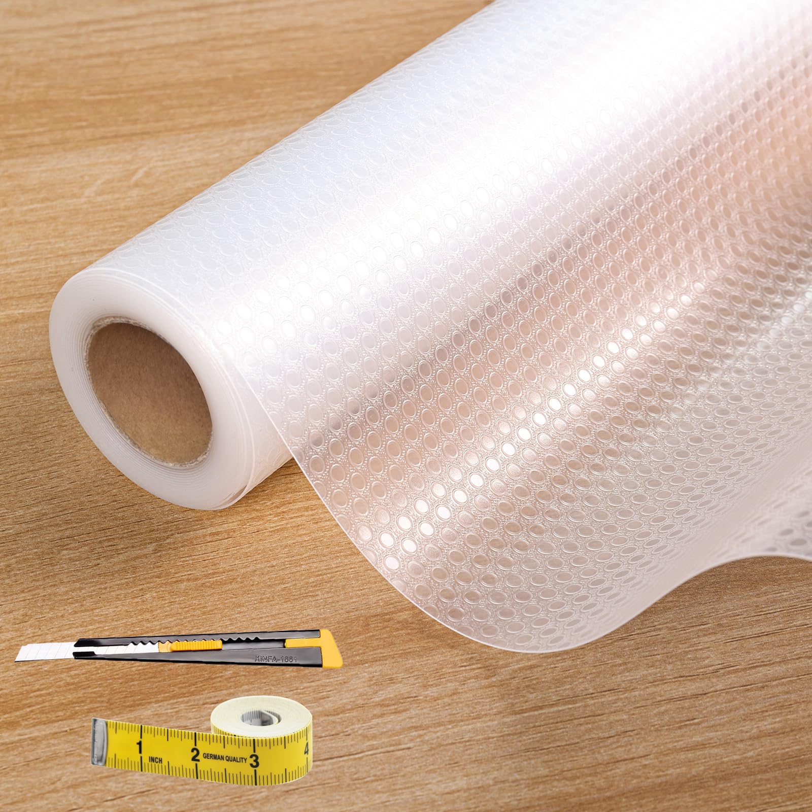 Kimhan Drawer liners Transparent Food Grade EVA Non-Adhesive Grip Mat for Kitchen Cabinet Fridge - Anti-Slip Shelf Liner, Washable & Oil-Proof, Dotted Design 44.5x600cm with Knife and Tape Measure