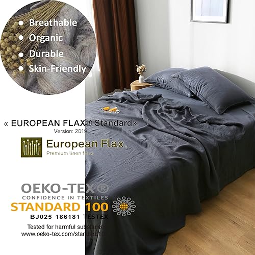 Miniatura 5 de S VICTORY SYMBOL Sábana encimera de lino 100 % puro, 1 pieza, lino francés lavado a piedra, tamaño Queen, sábana superior transpirable, sábana suave