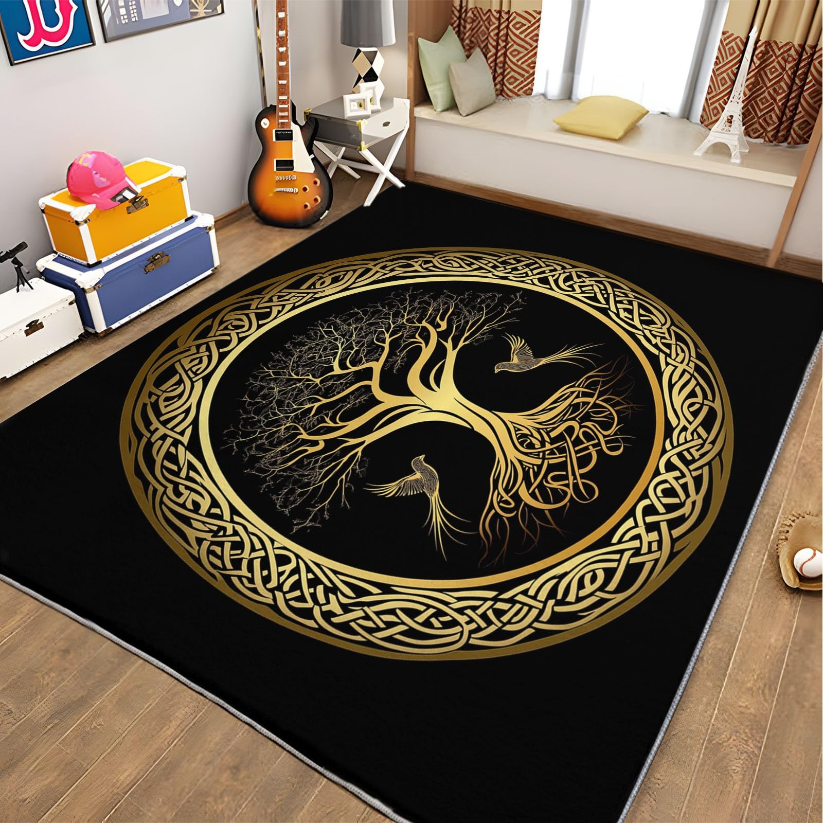 Tapis Antidérapant 140 x 200 cm Runner à Poils Courts Arbre de Vie Runes Abstrait Oiseaux pour Salon, Or Noir Tapis Rectangulaire Doux pour Chambre, Décoration Maison, Runner Lavable, Couloir