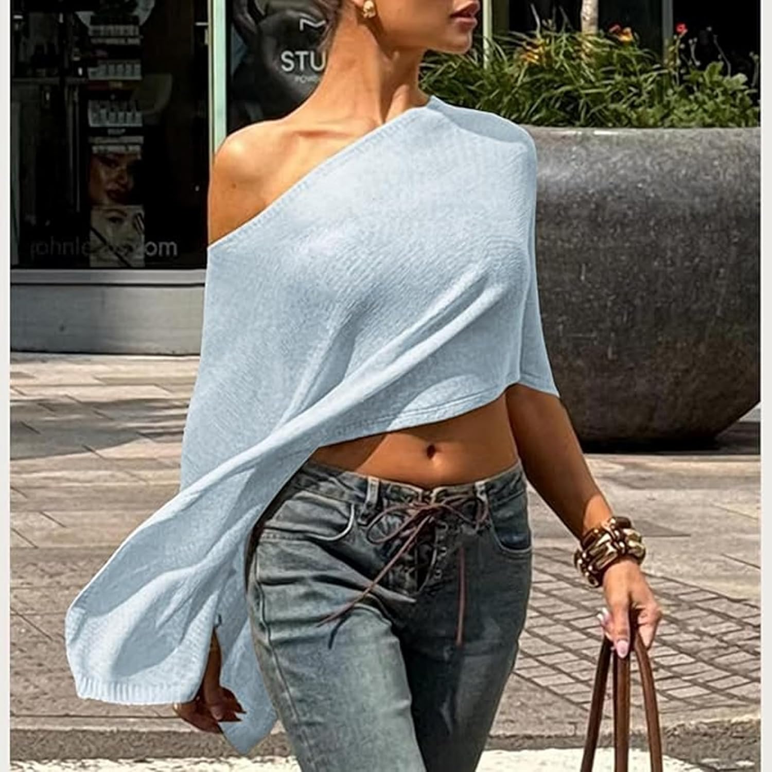 Women Cover Up One Shoulder Knit Asymmetric Shrug Pullover Sweater Trendy Beach Vacation Sheer Poncho Mesh Blouse(Lake-Blue,L) - Image 7