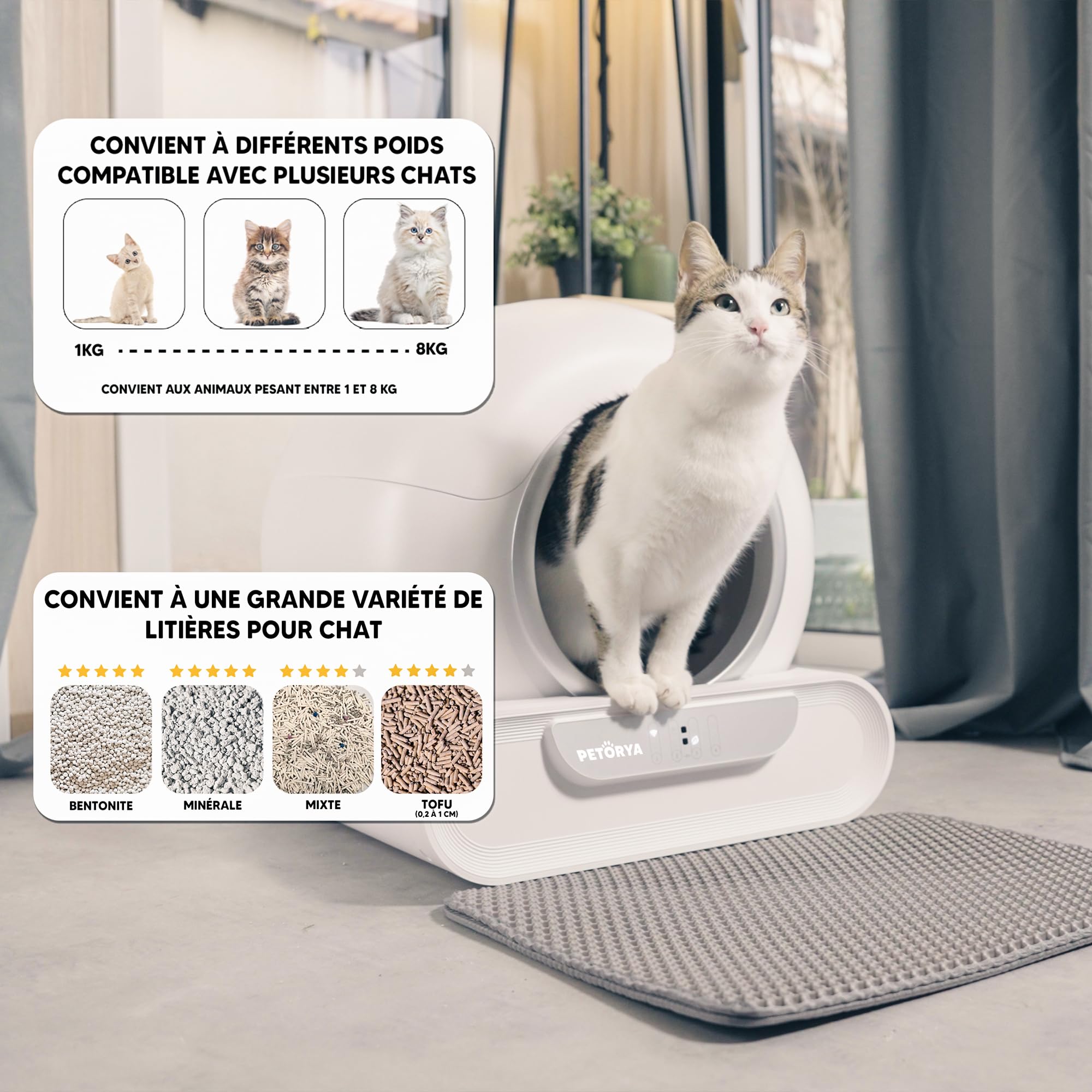 Litiere Chat Autonettoyante PETORYA, Bac à Litière Automatique, Anti-Fuites/Anti-Pincement/Anti-Odeur/Secure/Contrôle APP/Nettoyage Facile, Capacité XXL de 65L pour Plusieurs Chats