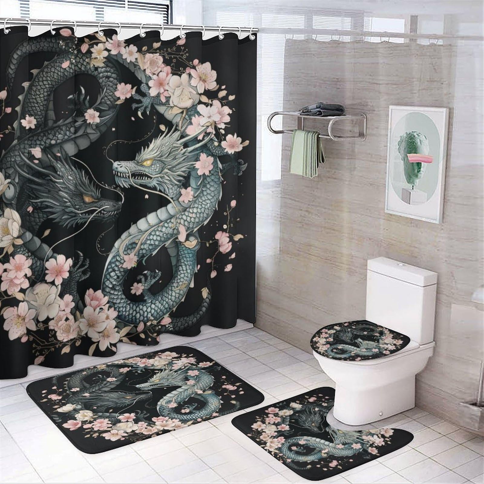 DIPQIMI 4Pcs Fantasy Dragon Animal Shower Curtain Sets with Rugs, Toilet Lid Cover and Bath Mat, Western Floral Bathroom Shower Curtains Set with 12